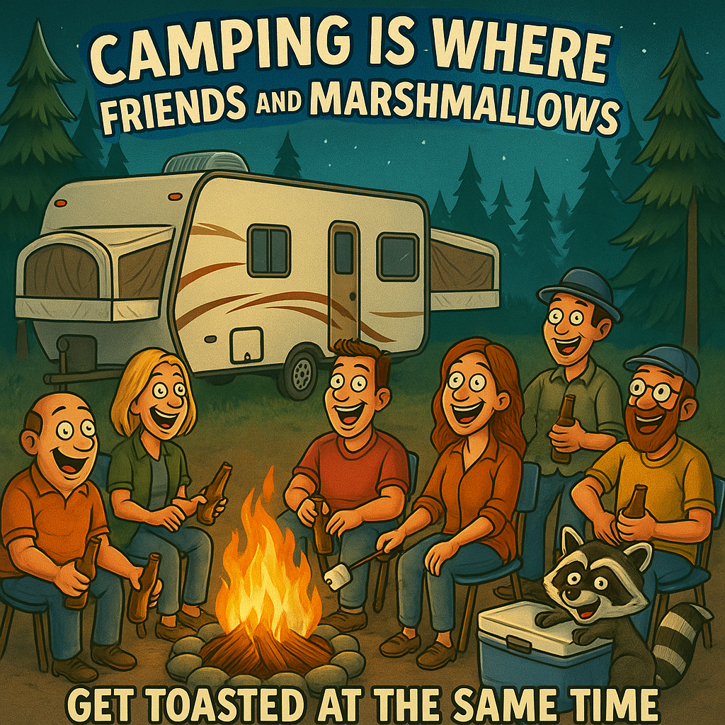 Camping is where friends and marshmallows get toasted at the same time