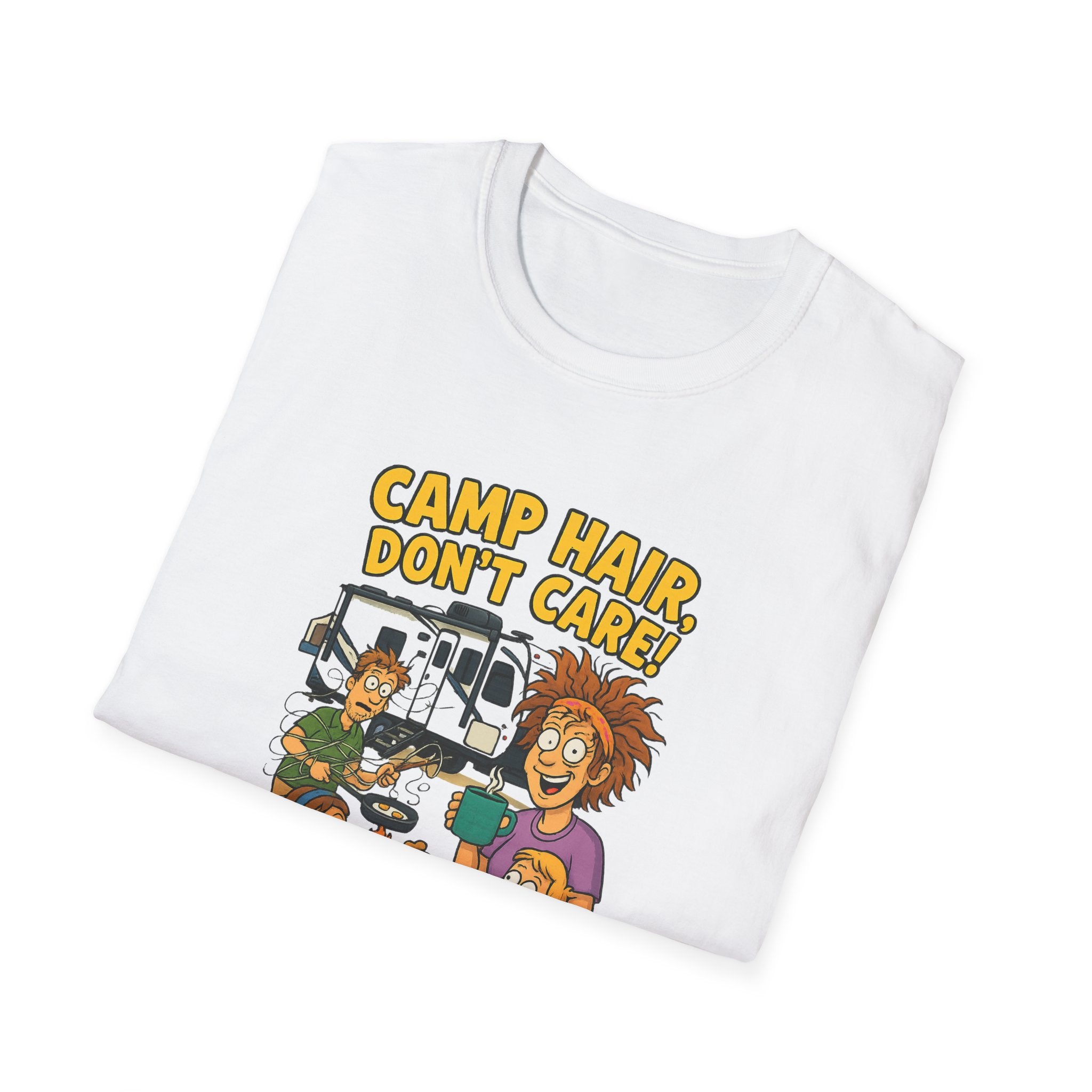 Camp Hair Don't Care Unisex Softstyle T-Shirt - Fun Summer Vibes for Campers