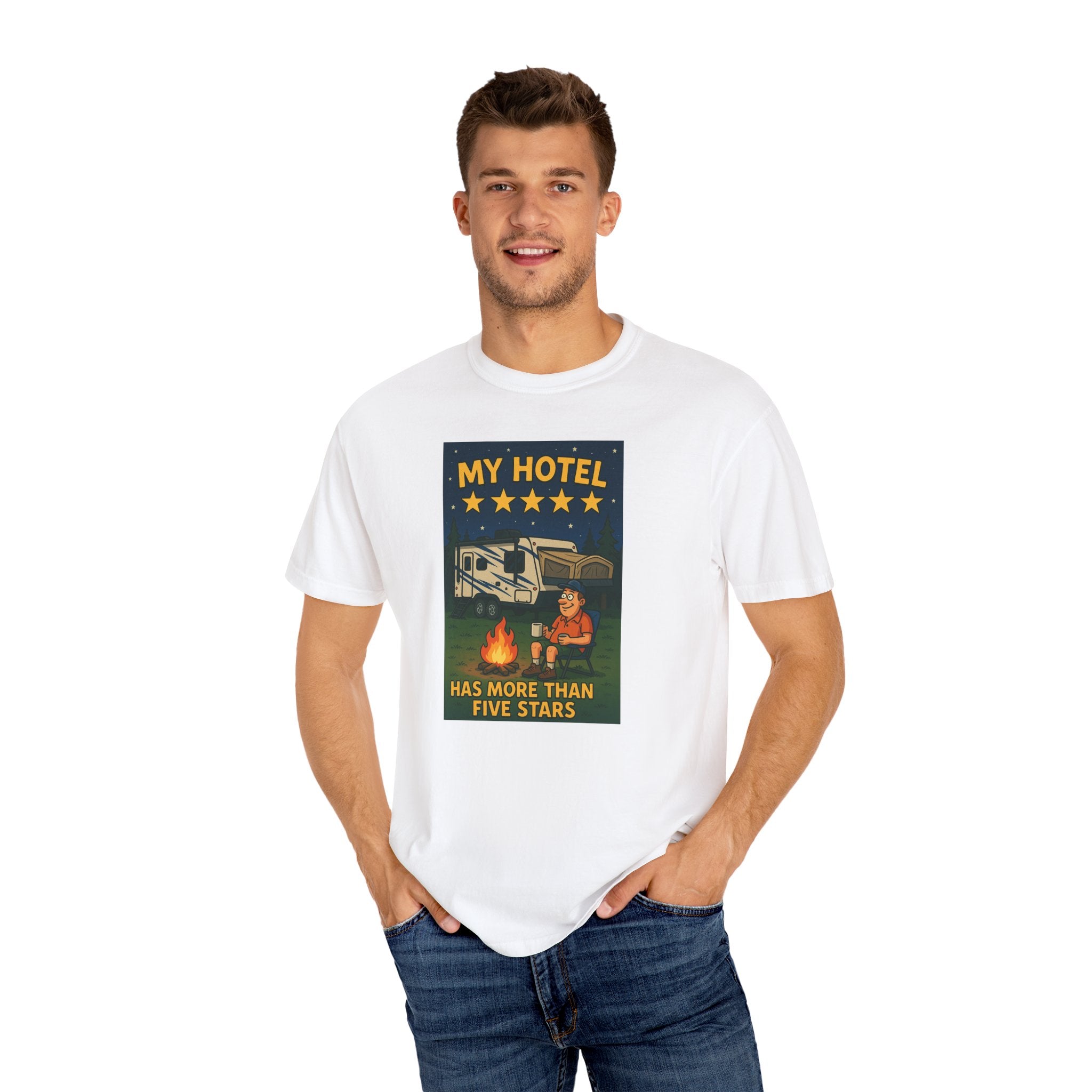 My Hotel Five Stars Unisex Garment-Dyed T-Shirt - Perfect for Campers and Travelers