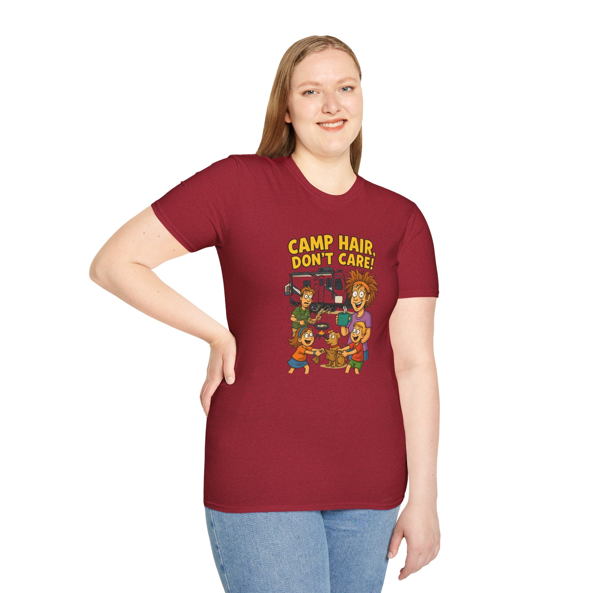 Camp Hair Don't Care Unisex Softstyle T-Shirt - Fun Summer Vibes for Campers