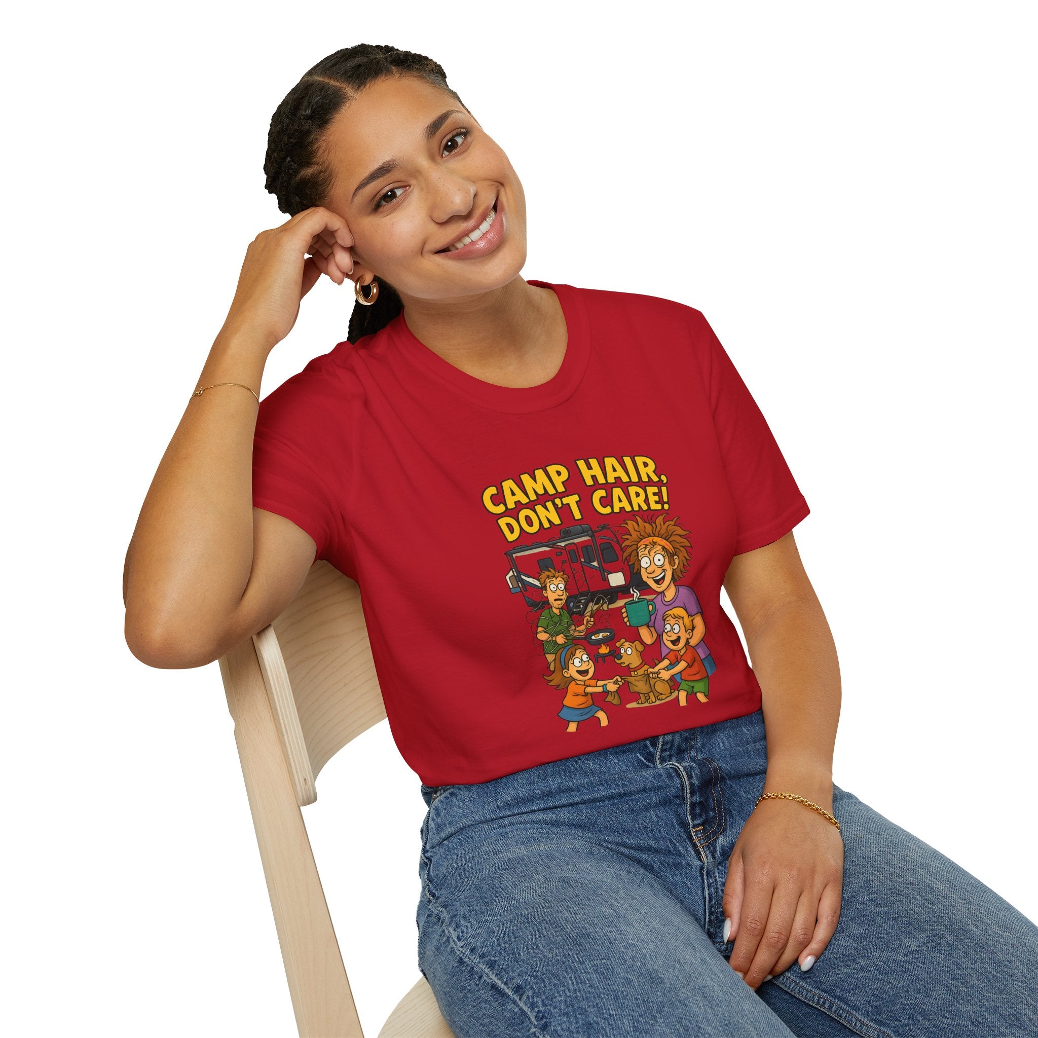 Camp Hair Don't Care Unisex Softstyle T-Shirt - Fun Summer Vibes for Campers