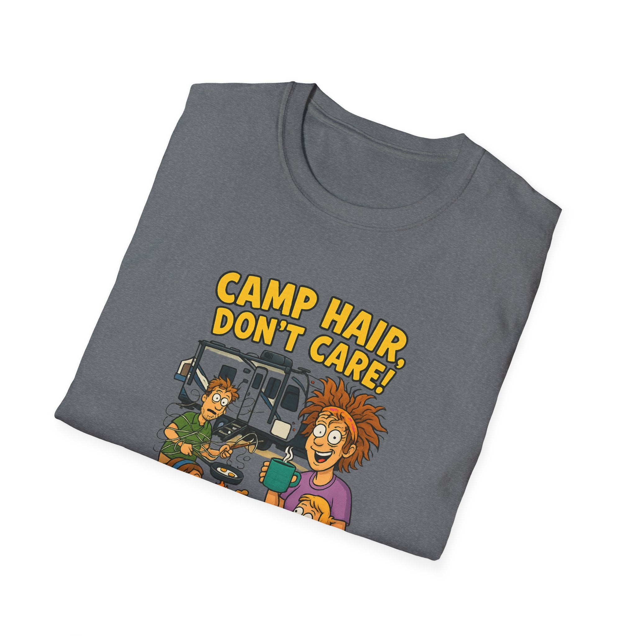 Camp Hair Don't Care Unisex Softstyle T-Shirt - Fun Summer Vibes for Campers