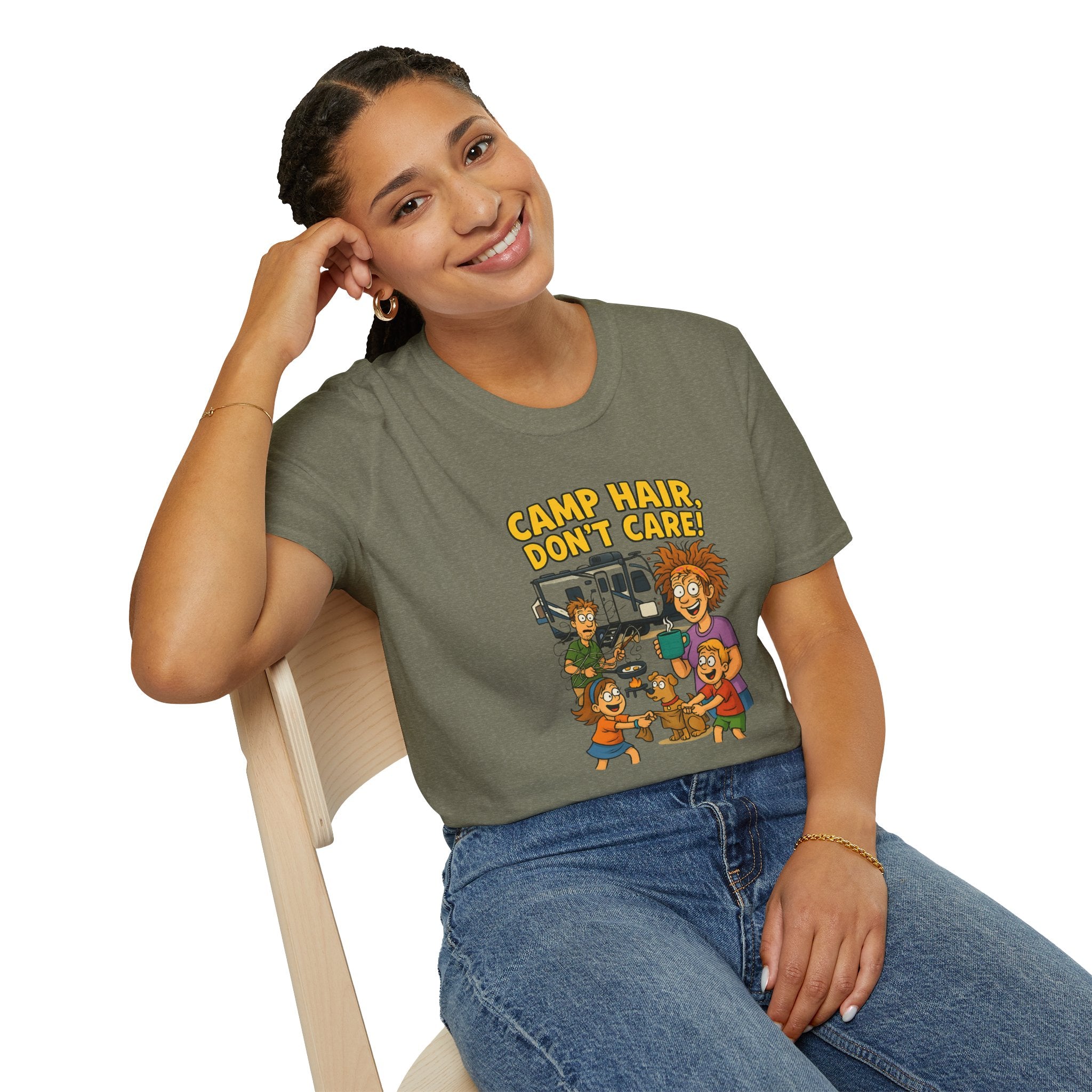 Camp Hair Don't Care Unisex Softstyle T-Shirt - Fun Summer Vibes for Campers