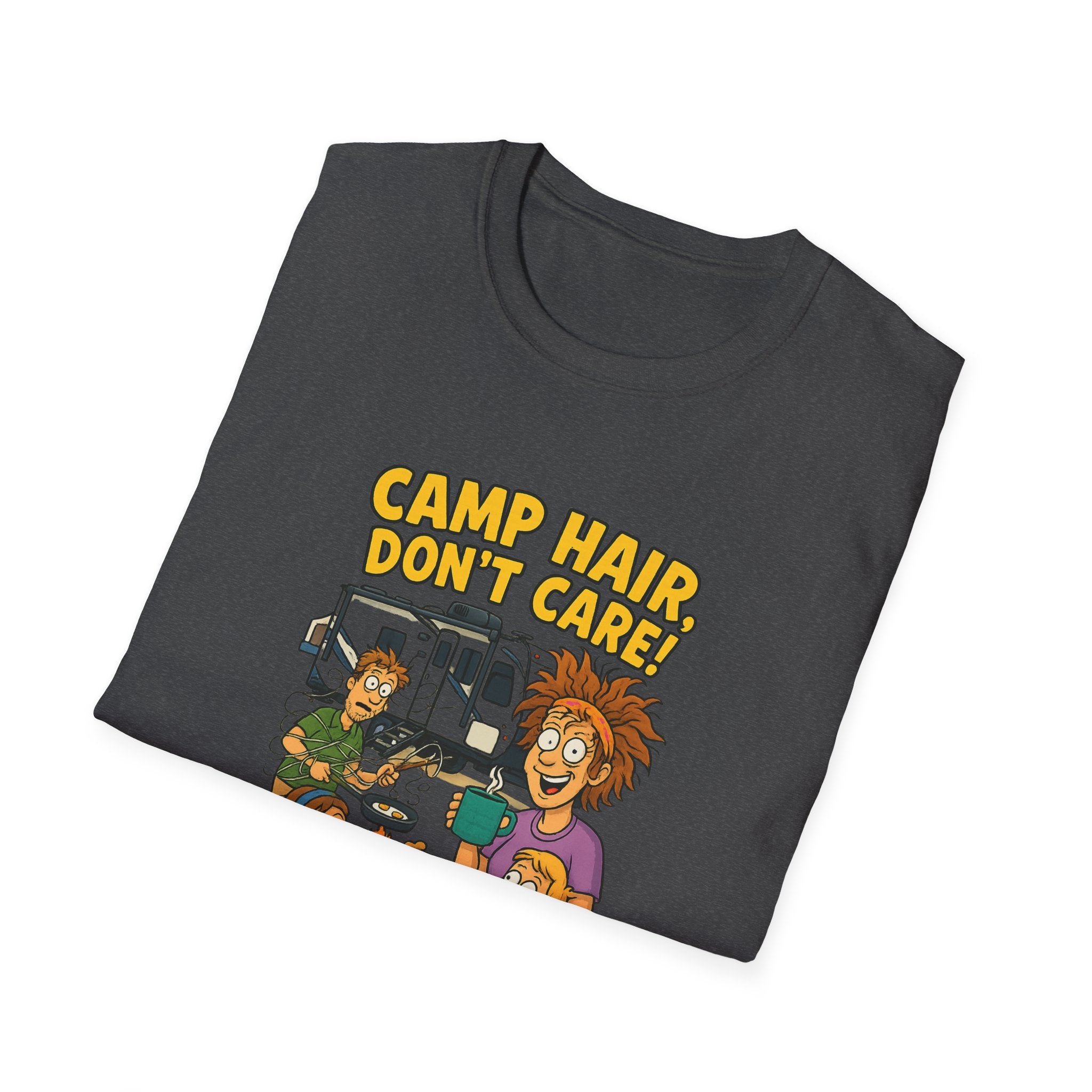 Camp Hair Don't Care Unisex Softstyle T-Shirt - Fun Summer Vibes for Campers