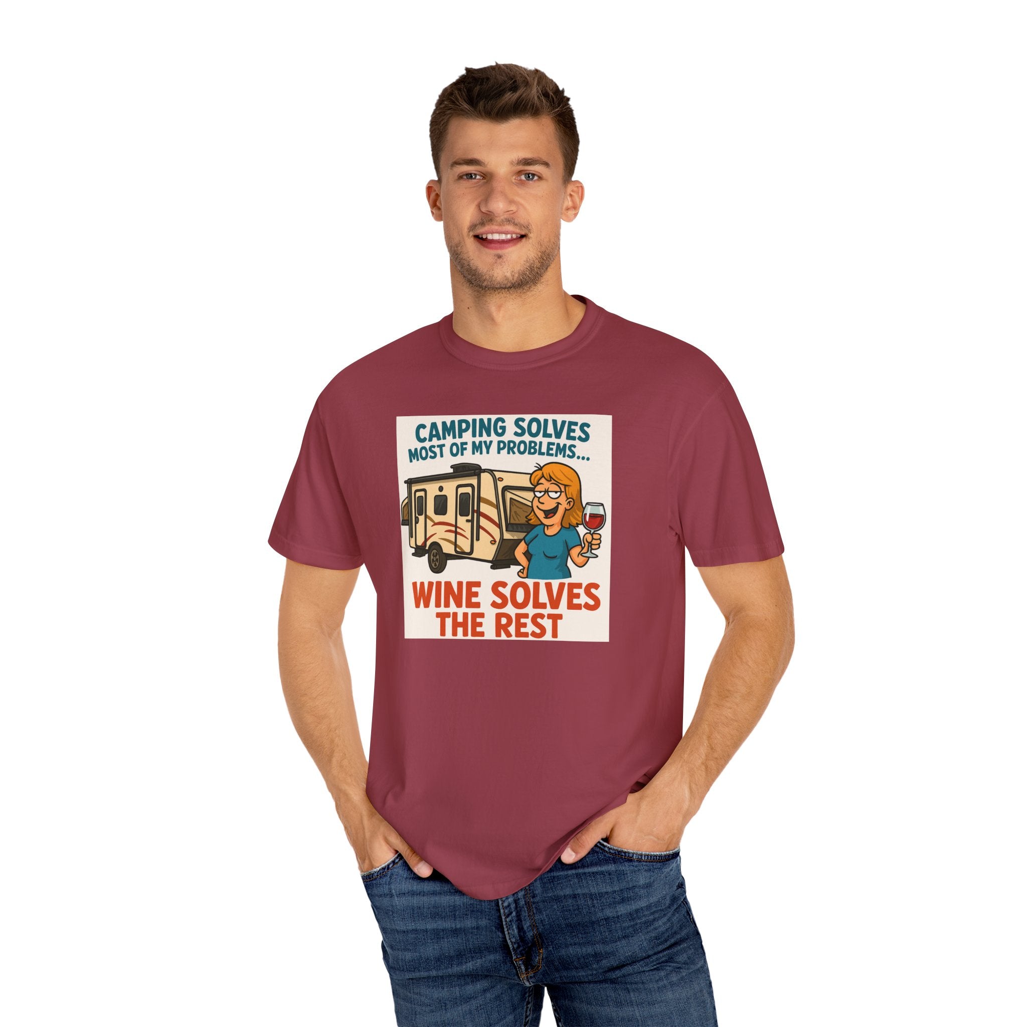 Camping Wine Solves T-shirt - Perfect for Outdoor Lovers, Adventure Seekers, Gift for Campers, Funny Camping Apparel, Relaxing Tee