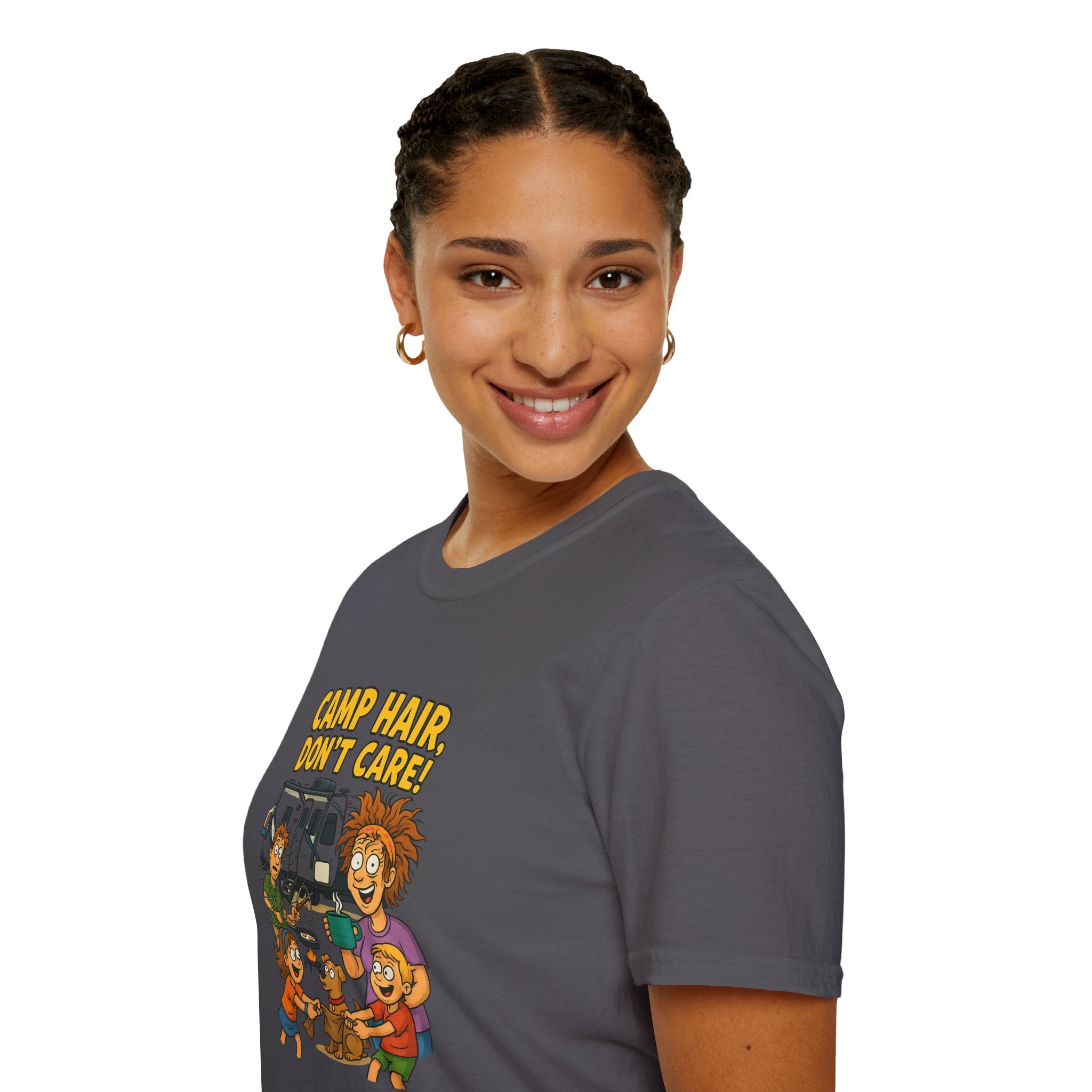 Camp Hair Don't Care Unisex Softstyle T-Shirt - Fun Summer Vibes for Campers