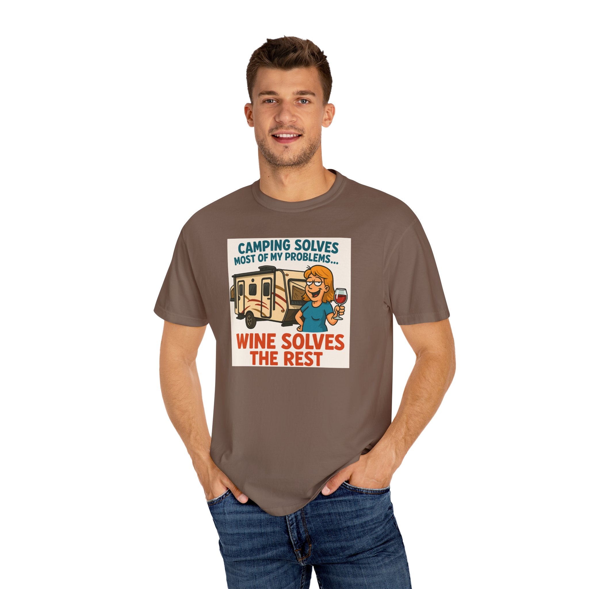 Camping Wine Solves T-shirt - Perfect for Outdoor Lovers, Adventure Seekers, Gift for Campers, Funny Camping Apparel, Relaxing Tee