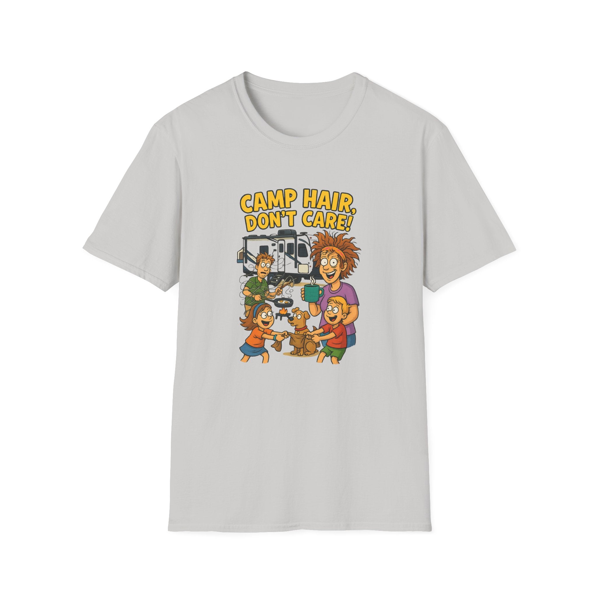 Camp Hair Don't Care Unisex Softstyle T-Shirt - Fun Summer Vibes for Campers