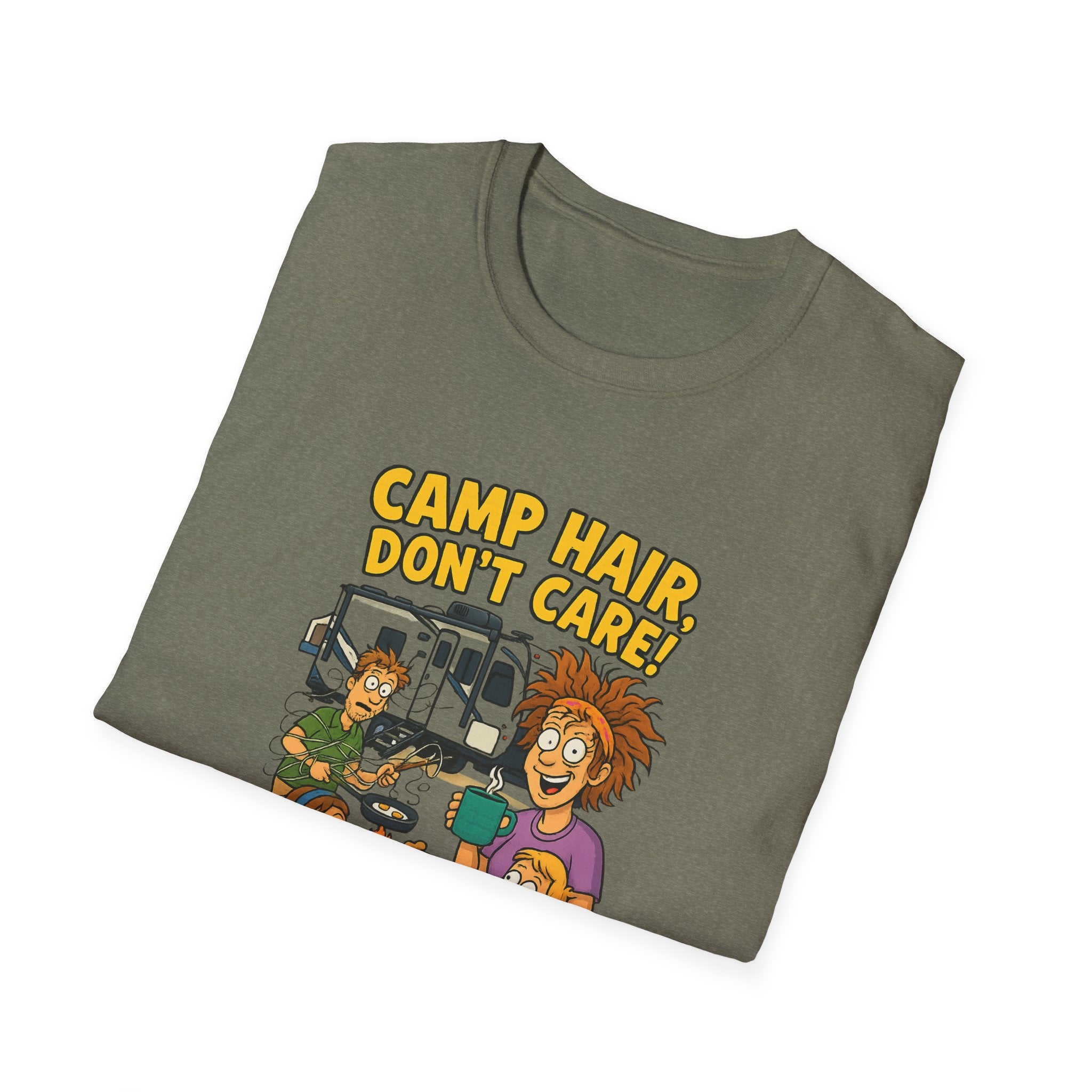 Camp Hair Don't Care Unisex Softstyle T-Shirt - Fun Summer Vibes for Campers