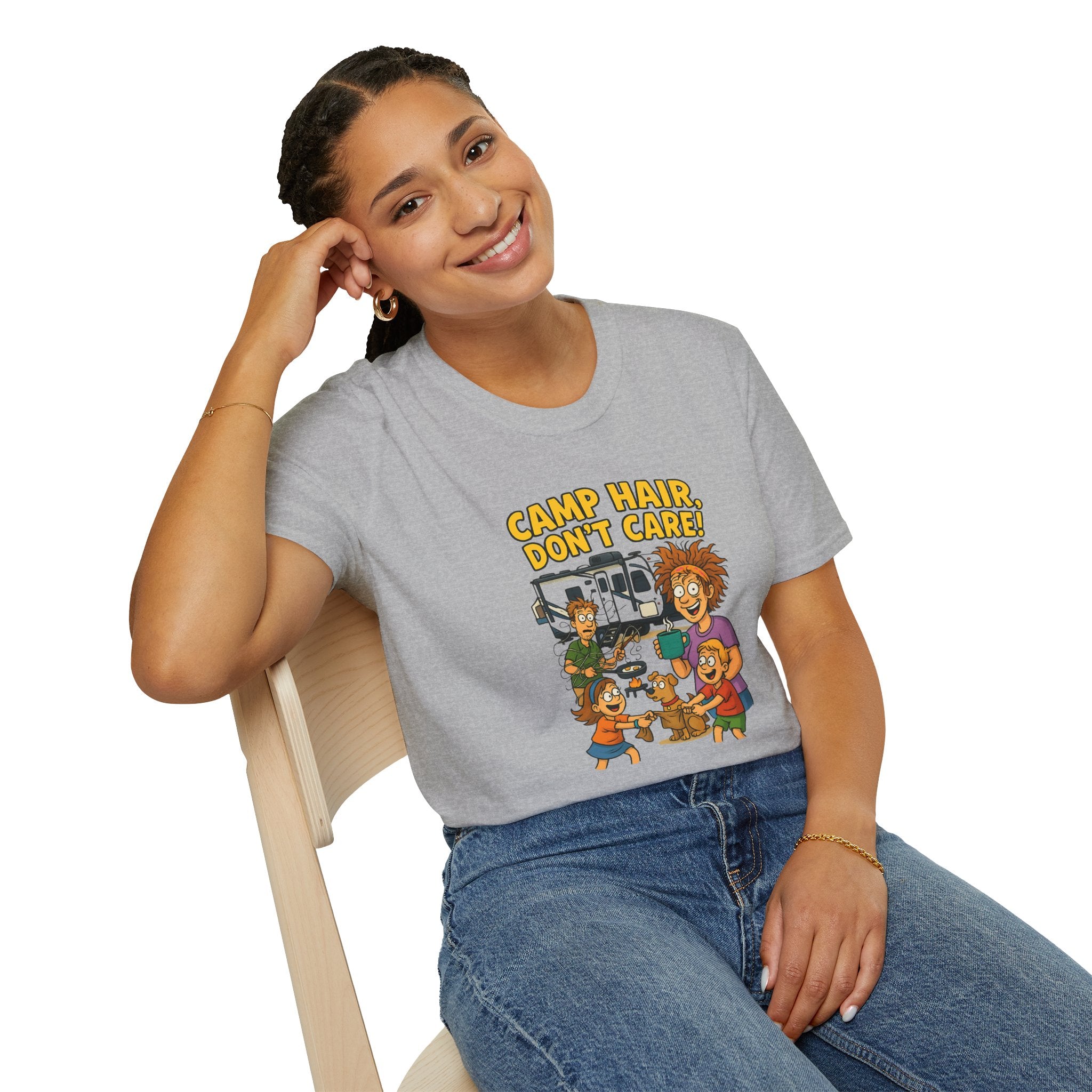 Camp Hair Don't Care Unisex Softstyle T-Shirt - Fun Summer Vibes for Campers