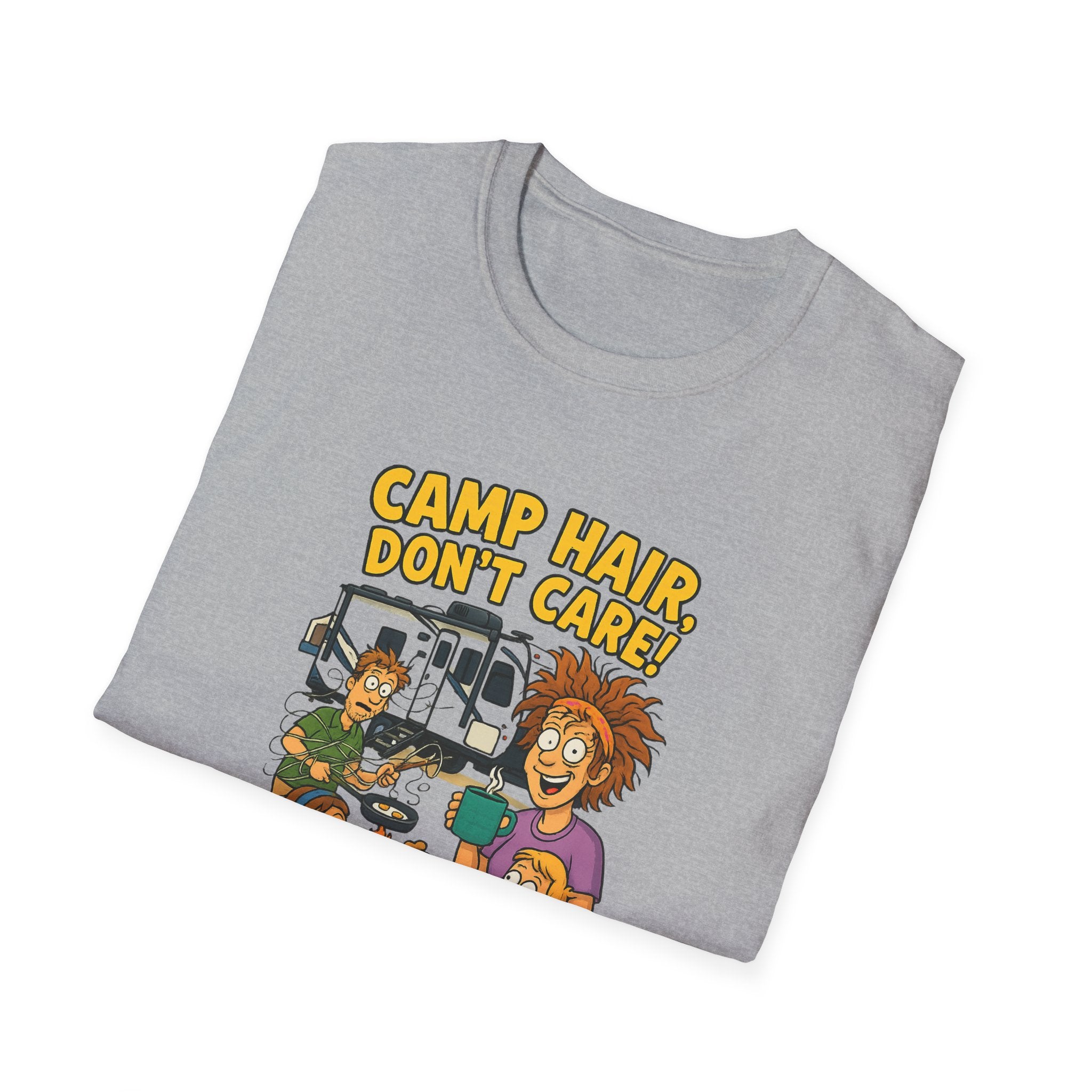 Camp Hair Don't Care Unisex Softstyle T-Shirt - Fun Summer Vibes for Campers