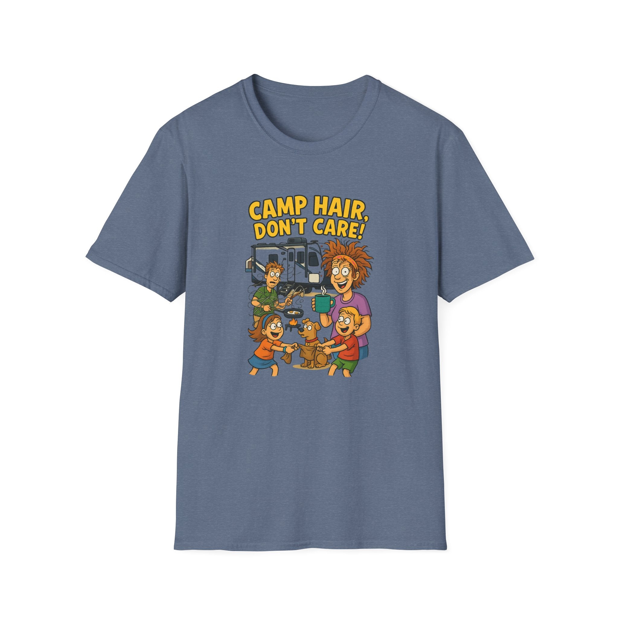 Camp Hair Don't Care Unisex Softstyle T-Shirt - Fun Summer Vibes for Campers