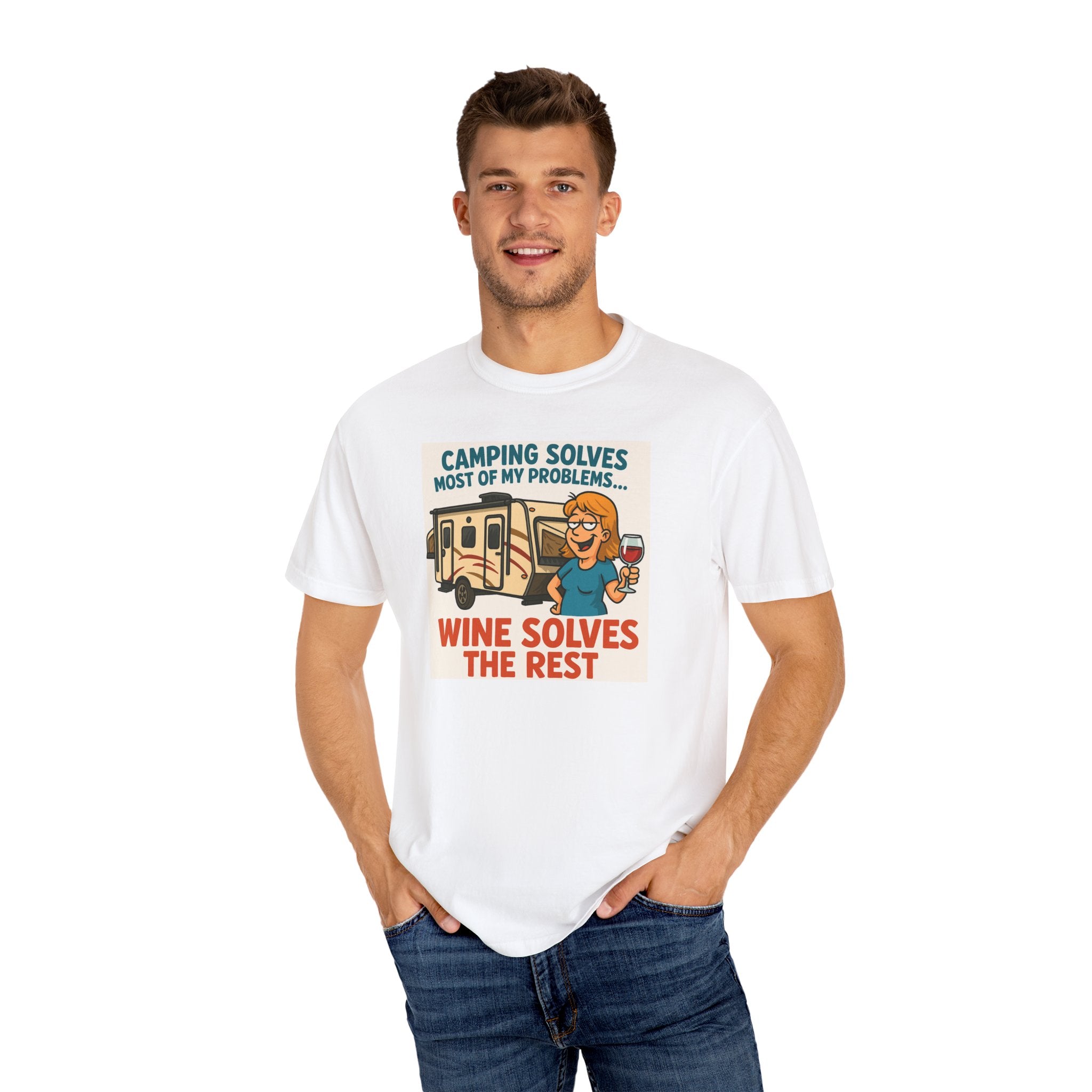 Camping Wine Solves T-shirt - Perfect for Outdoor Lovers, Adventure Seekers, Gift for Campers, Funny Camping Apparel, Relaxing Tee