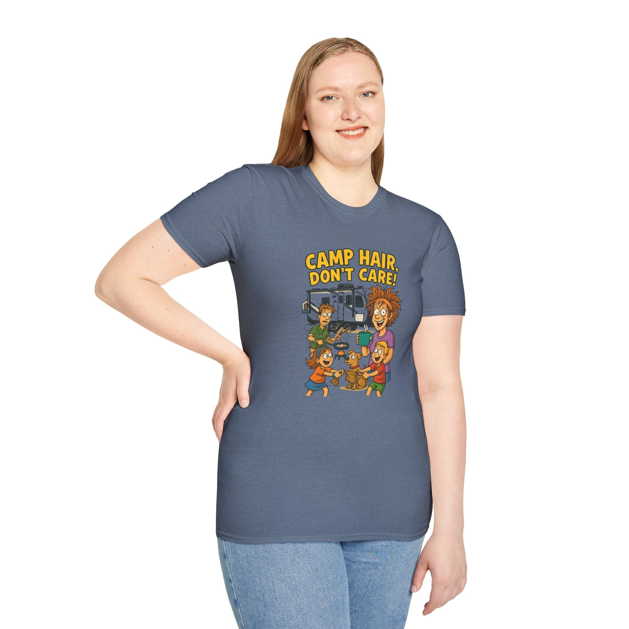 Camp Hair Don't Care Unisex Softstyle T-Shirt - Fun Summer Vibes for Campers