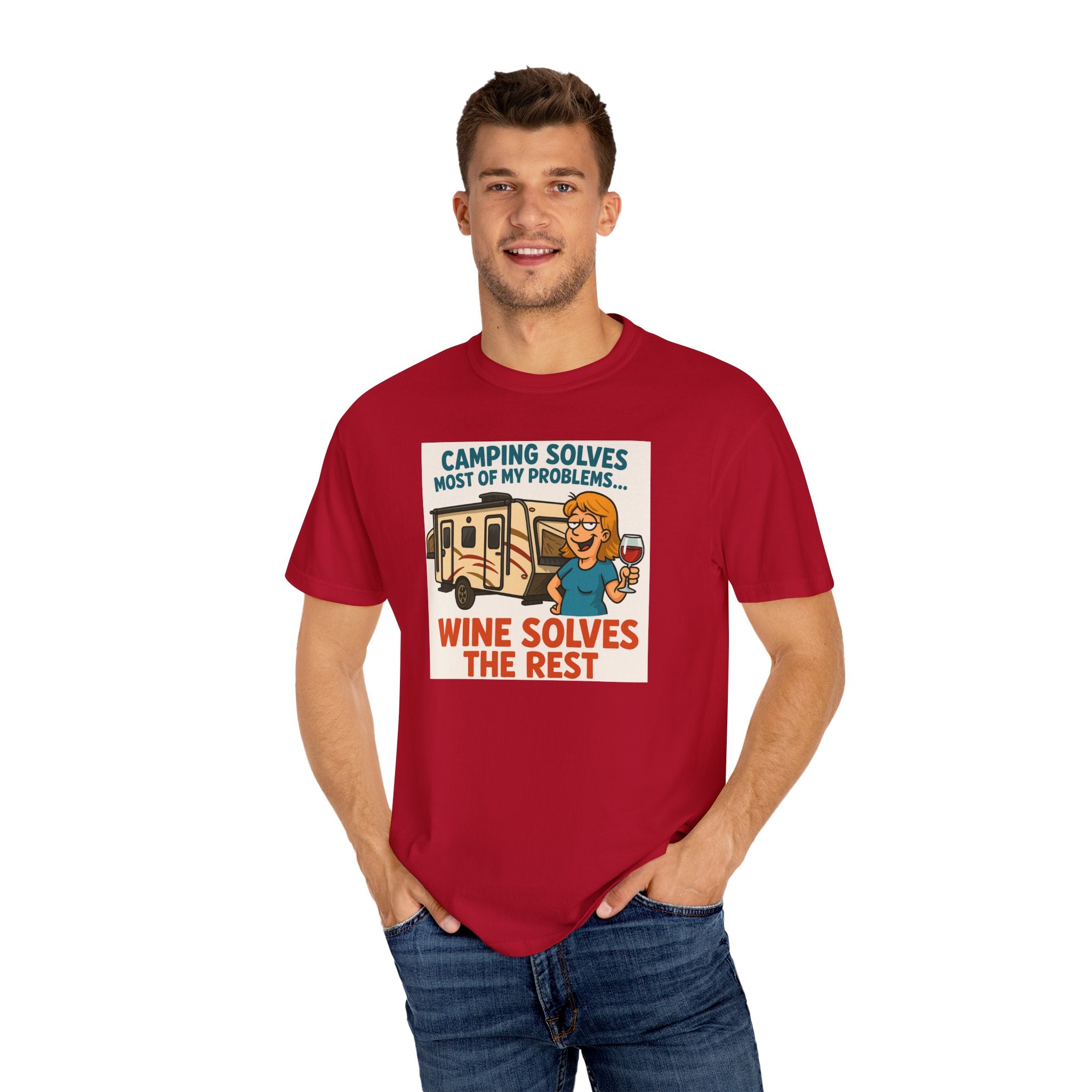 Camping Wine Solves T-shirt - Perfect for Outdoor Lovers, Adventure Seekers, Gift for Campers, Funny Camping Apparel, Relaxing Tee