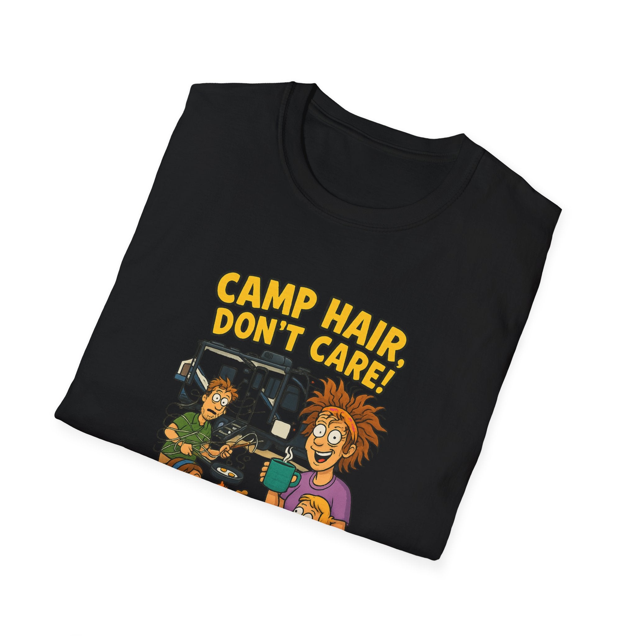 Camp Hair Don't Care Unisex Softstyle T-Shirt - Fun Summer Vibes for Campers