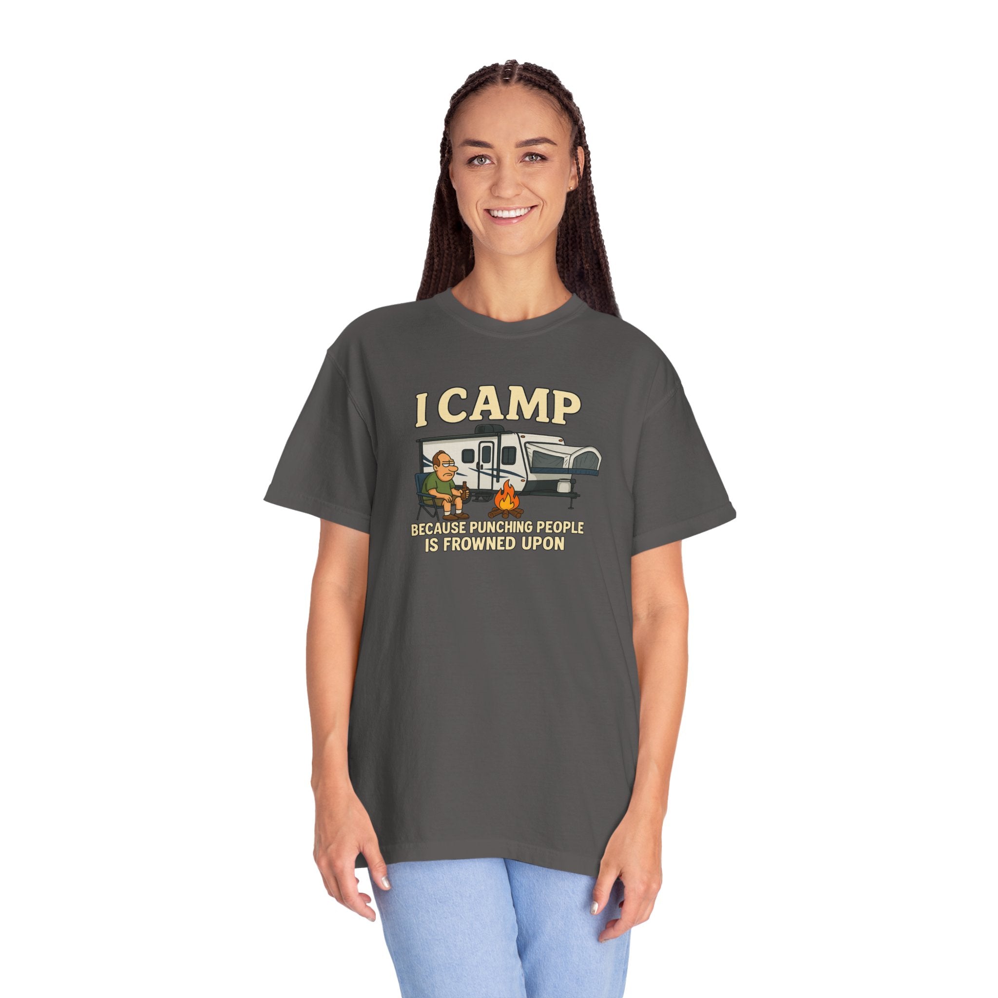 Funny Unisex Camp T-Shirt - I Camp Because Punching People is Frowned Upon