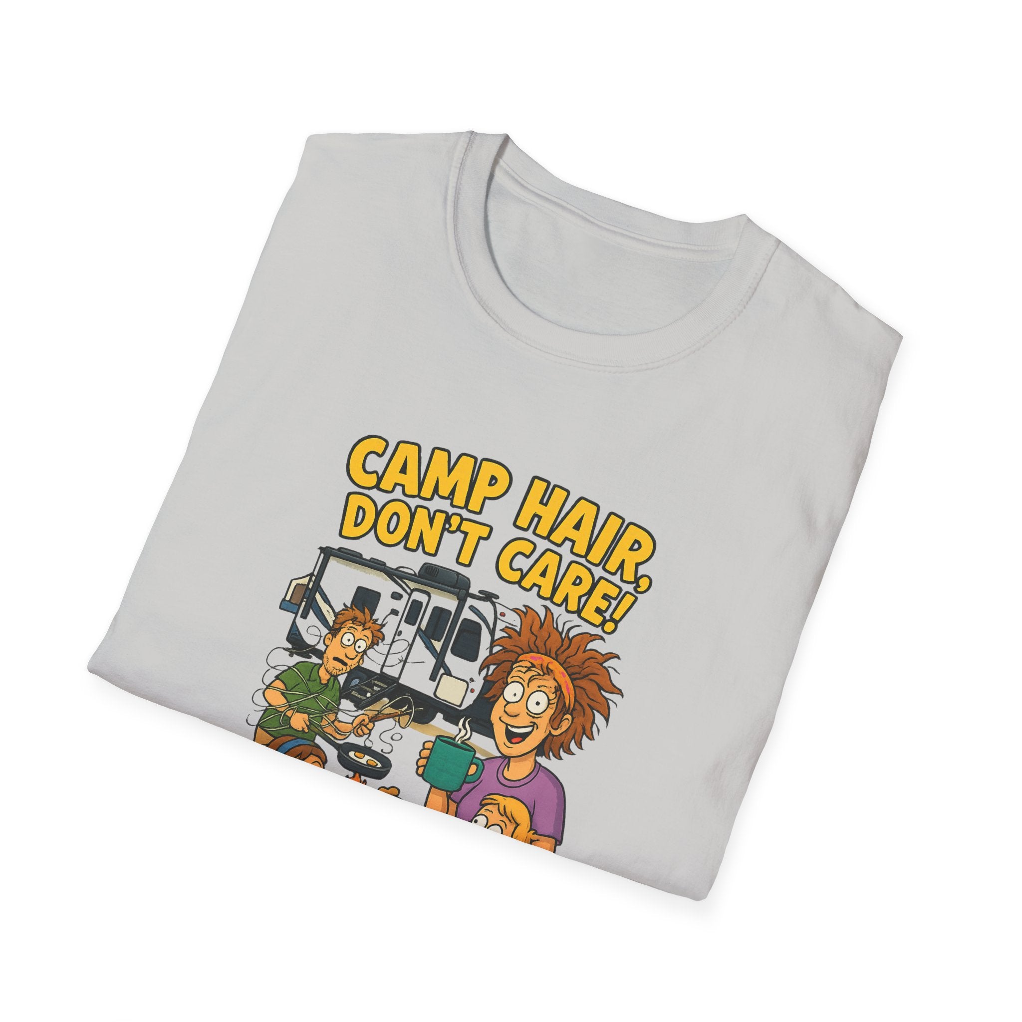 Camp Hair Don't Care Unisex Softstyle T-Shirt - Fun Summer Vibes for Campers