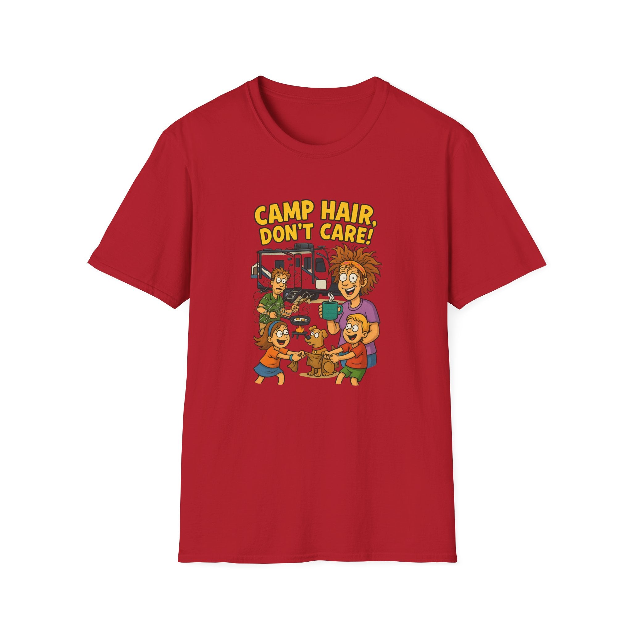 Camp Hair Don't Care Unisex Softstyle T-Shirt - Fun Summer Vibes for Campers