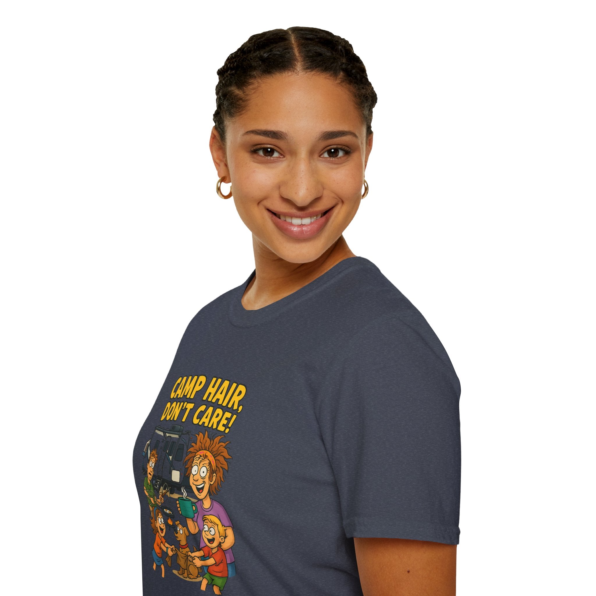 Camp Hair Don't Care Unisex Softstyle T-Shirt - Fun Summer Vibes for Campers