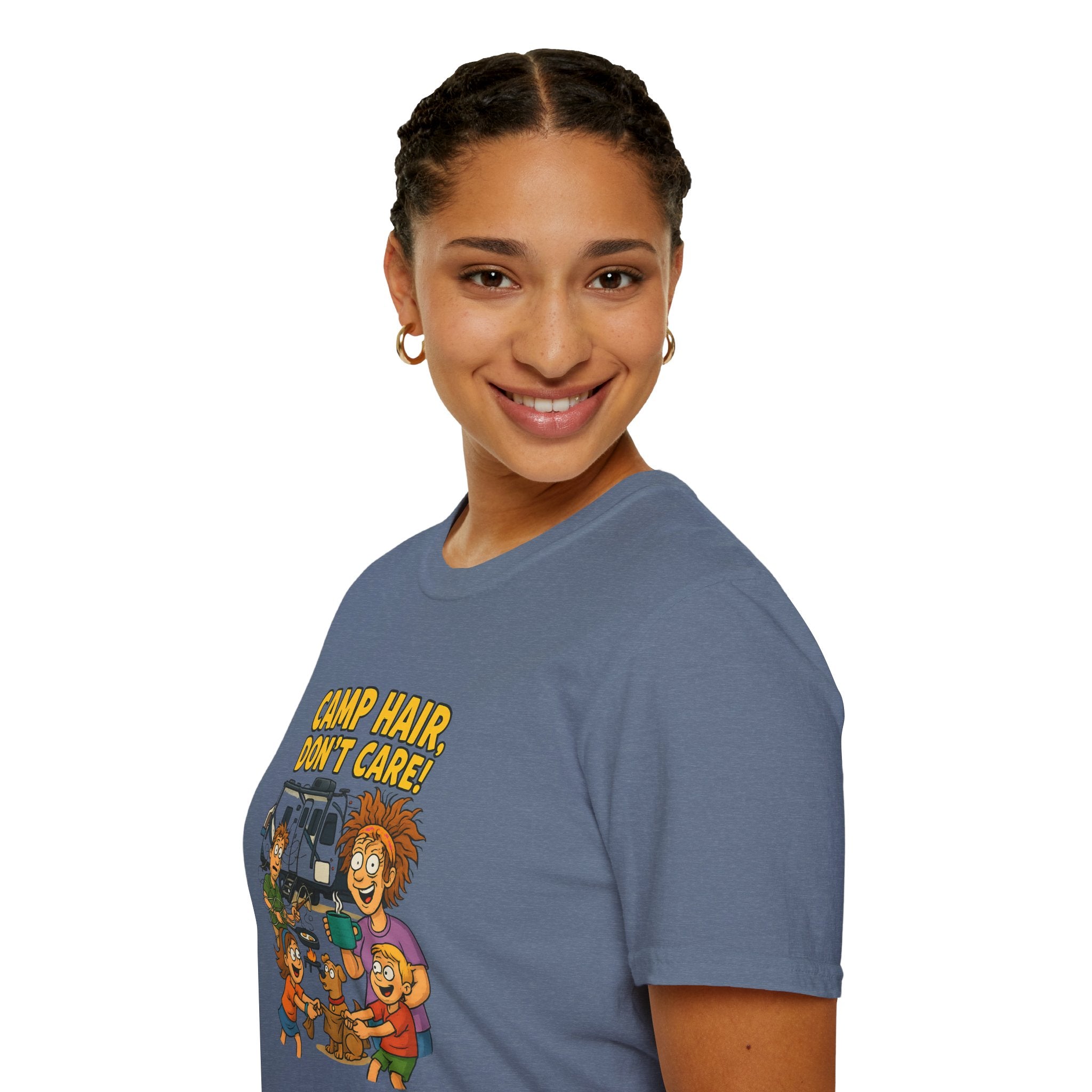 Camp Hair Don't Care Unisex Softstyle T-Shirt - Fun Summer Vibes for Campers