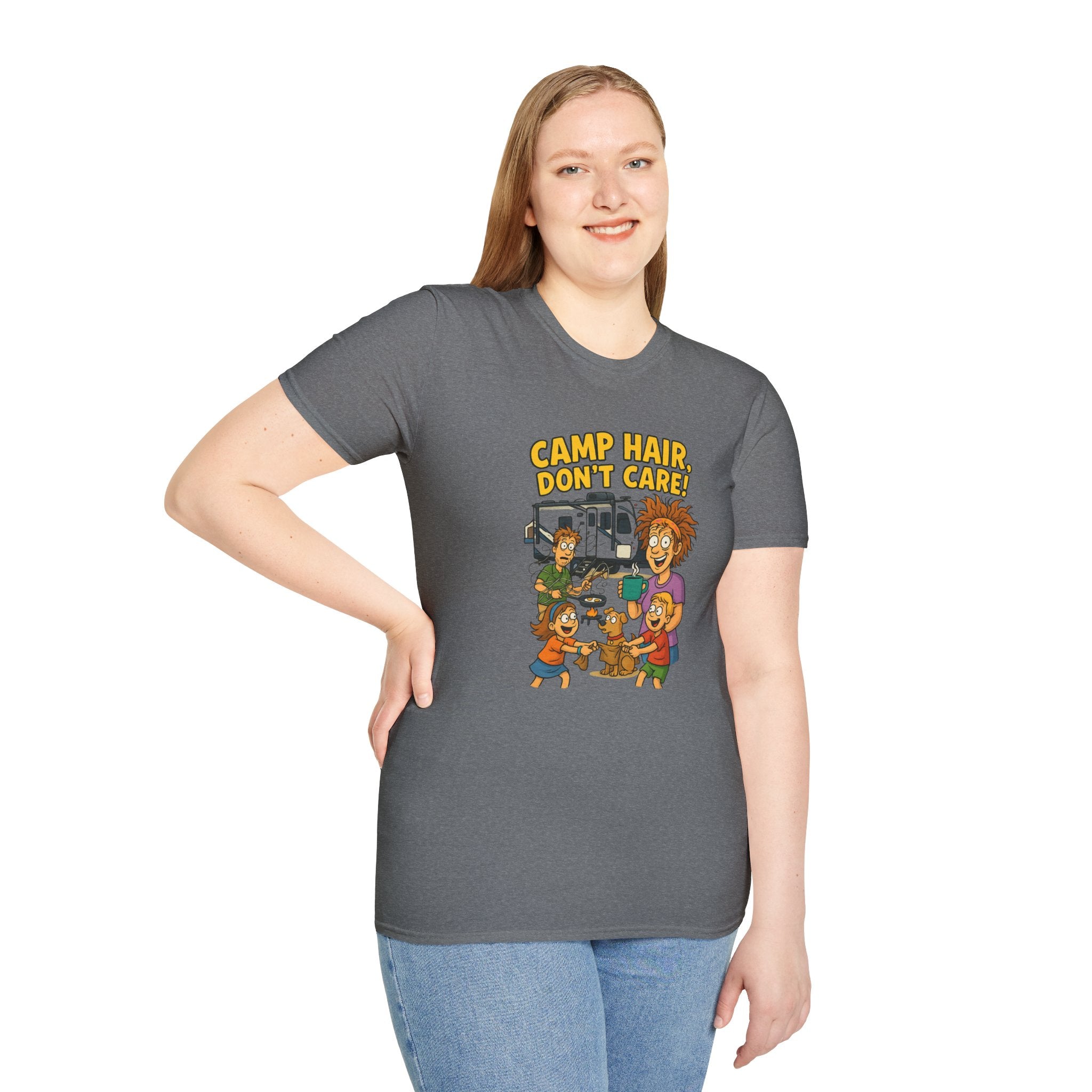 Camp Hair Don't Care Unisex Softstyle T-Shirt - Fun Summer Vibes for Campers