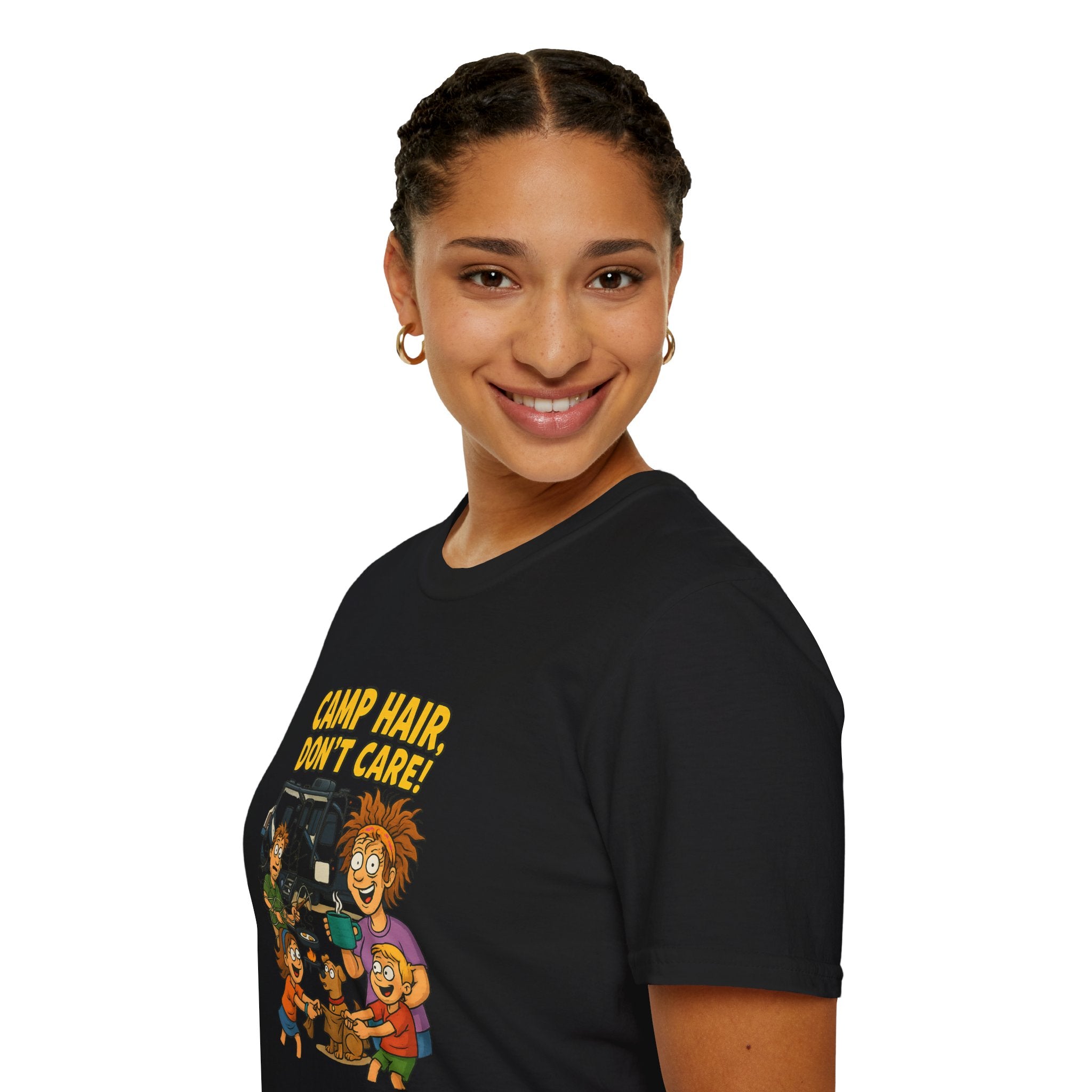 Camp Hair Don't Care Unisex Softstyle T-Shirt - Fun Summer Vibes for Campers