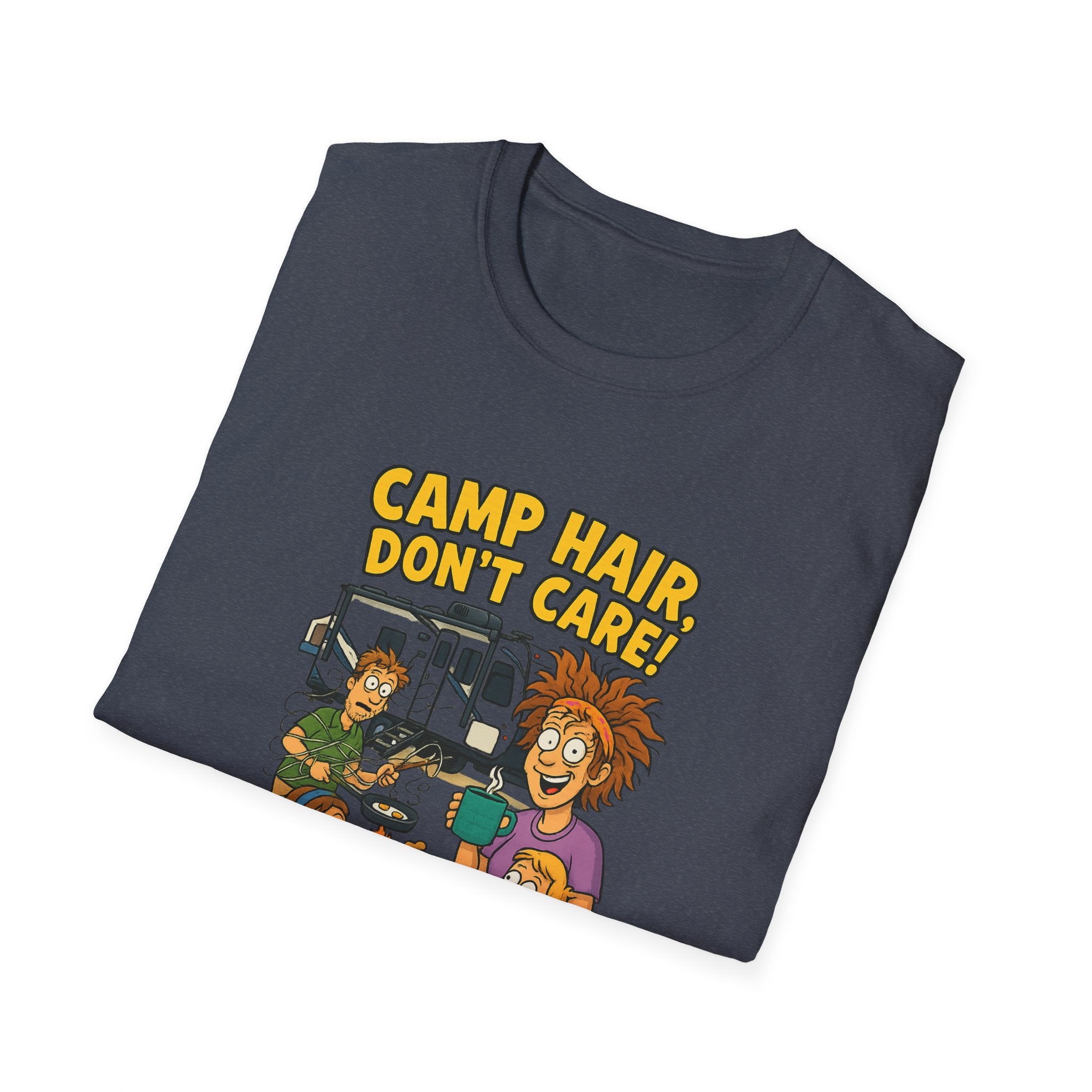 Camp Hair Don't Care Unisex Softstyle T-Shirt - Fun Summer Vibes for Campers