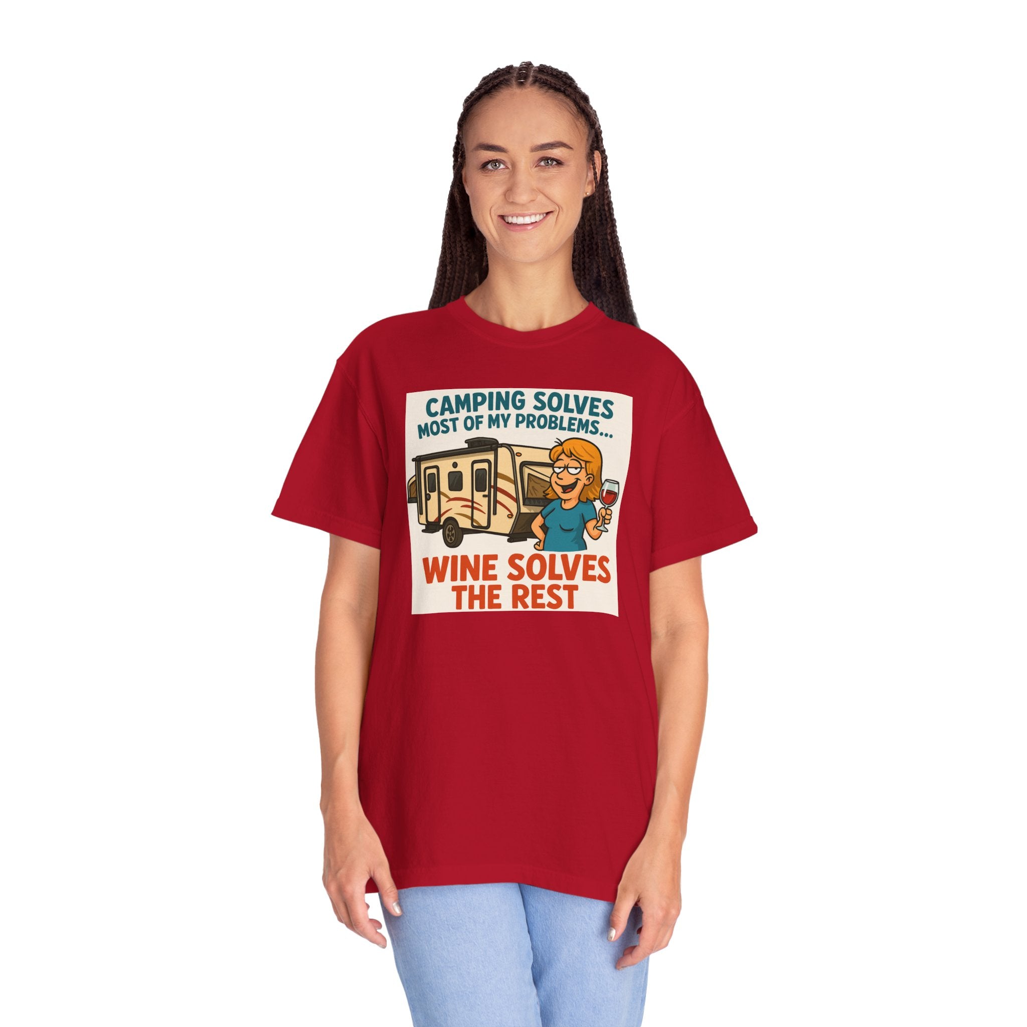 Camping Wine Solves T-shirt - Perfect for Outdoor Lovers, Adventure Seekers, Gift for Campers, Funny Camping Apparel, Relaxing Tee