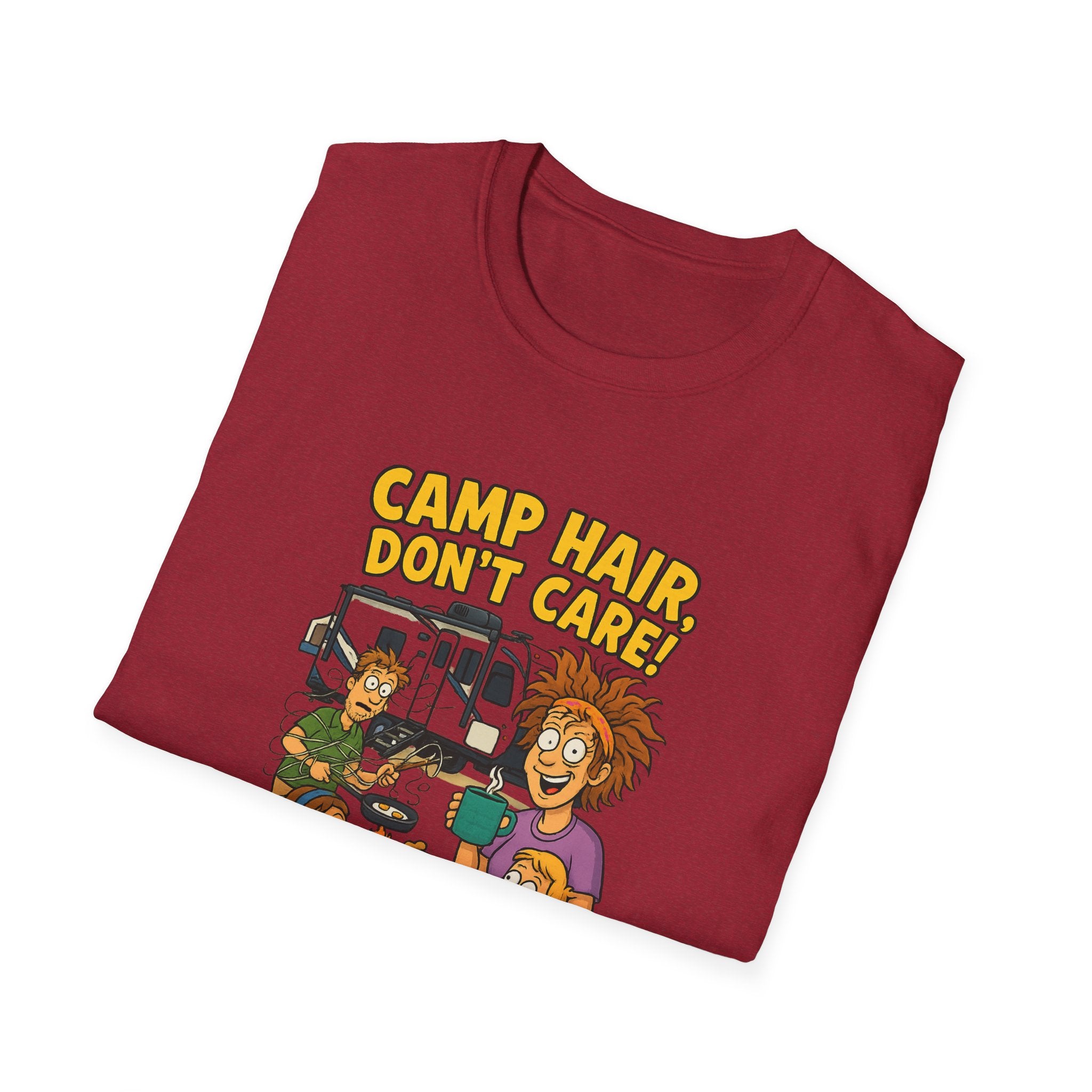 Camp Hair Don't Care Unisex Softstyle T-Shirt - Fun Summer Vibes for Campers