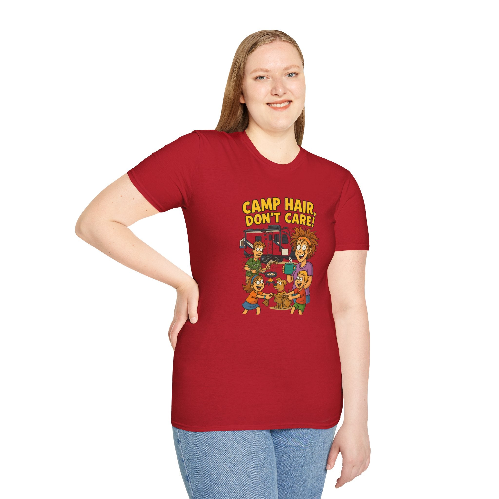 Camp Hair Don't Care Unisex Softstyle T-Shirt - Fun Summer Vibes for Campers
