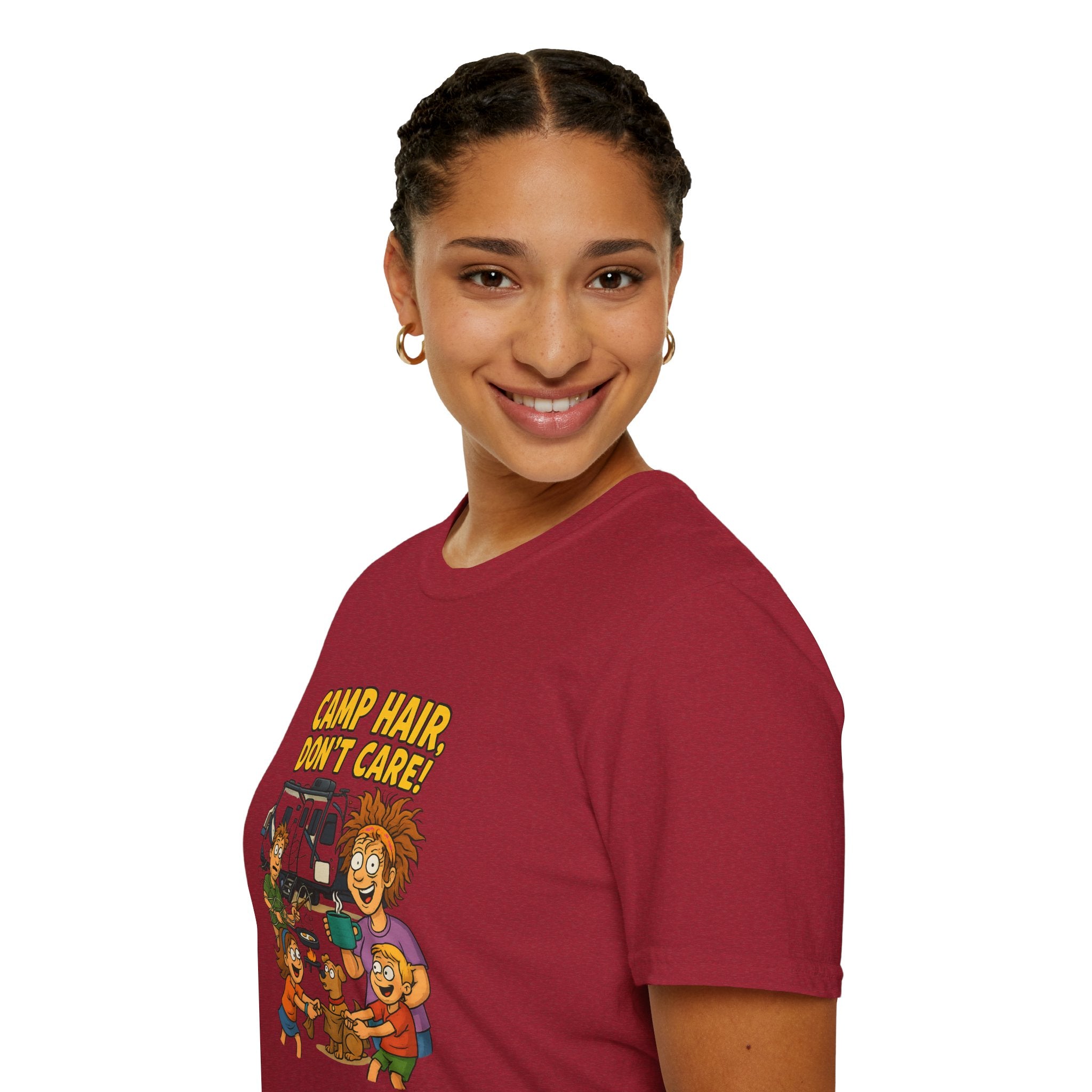 Camp Hair Don't Care Unisex Softstyle T-Shirt - Fun Summer Vibes for Campers