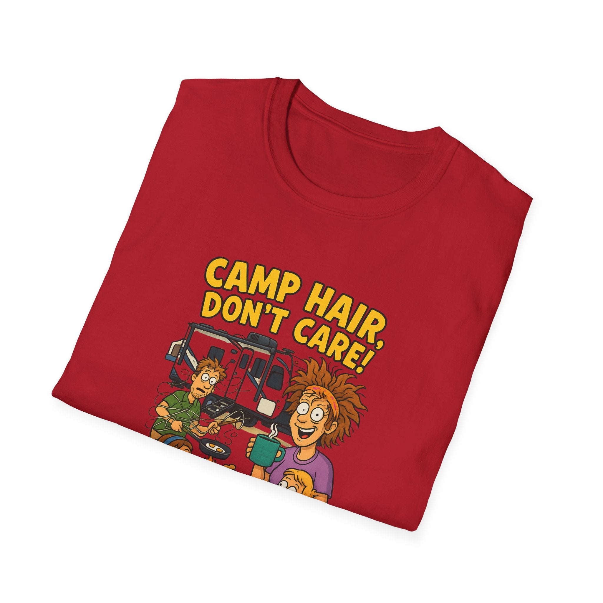 Camp Hair Don't Care Unisex Softstyle T-Shirt - Fun Summer Vibes for Campers