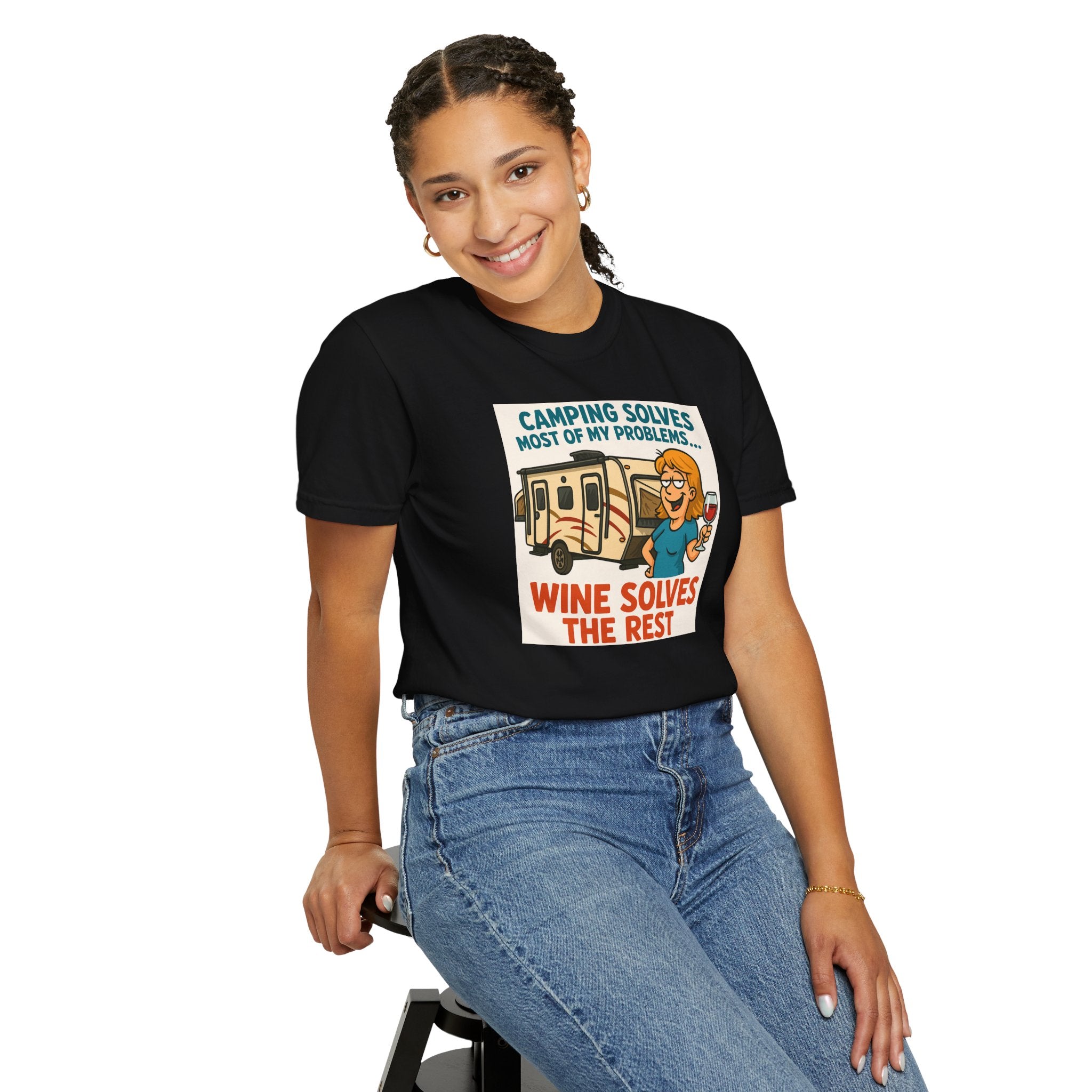 Camping Wine Solves T-shirt - Perfect for Outdoor Lovers, Adventure Seekers, Gift for Campers, Funny Camping Apparel, Relaxing Tee