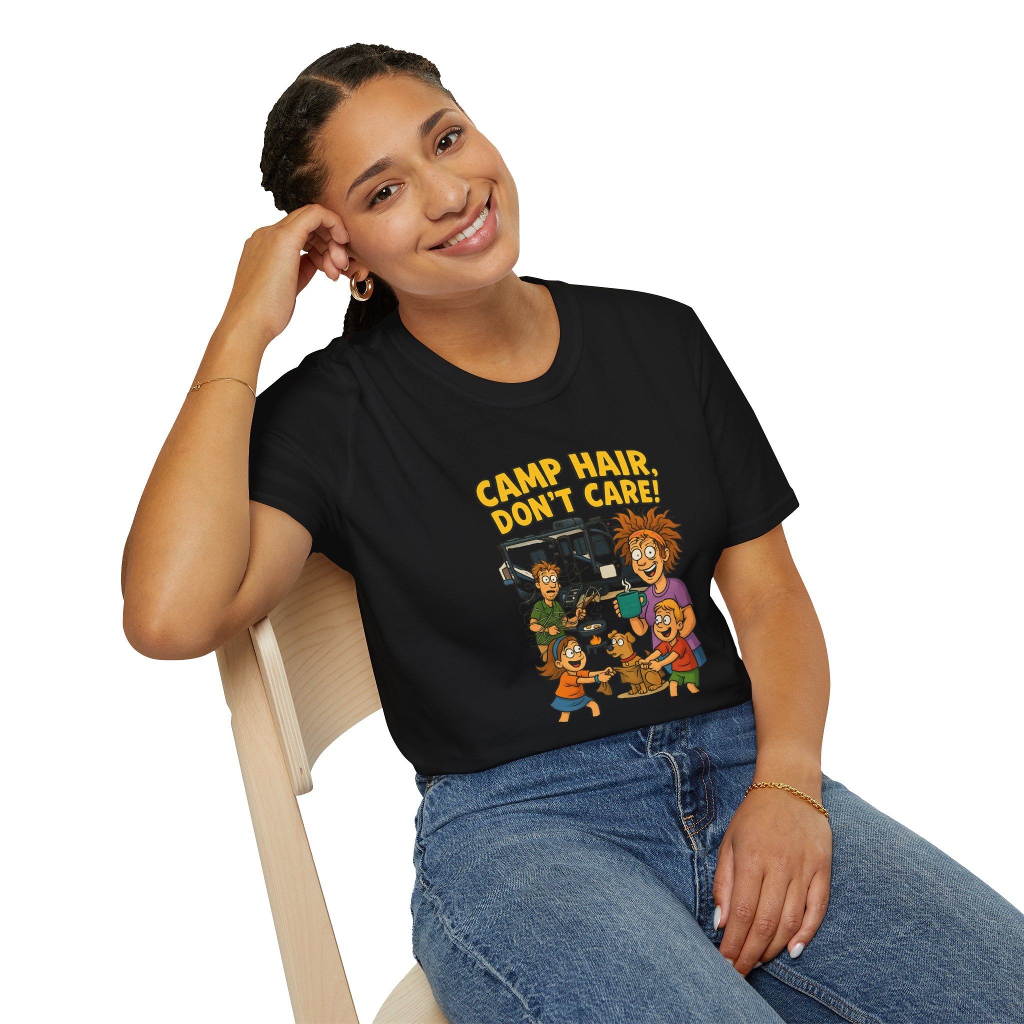 Camp Hair Don't Care Unisex Softstyle T-Shirt - Fun Summer Vibes for Campers