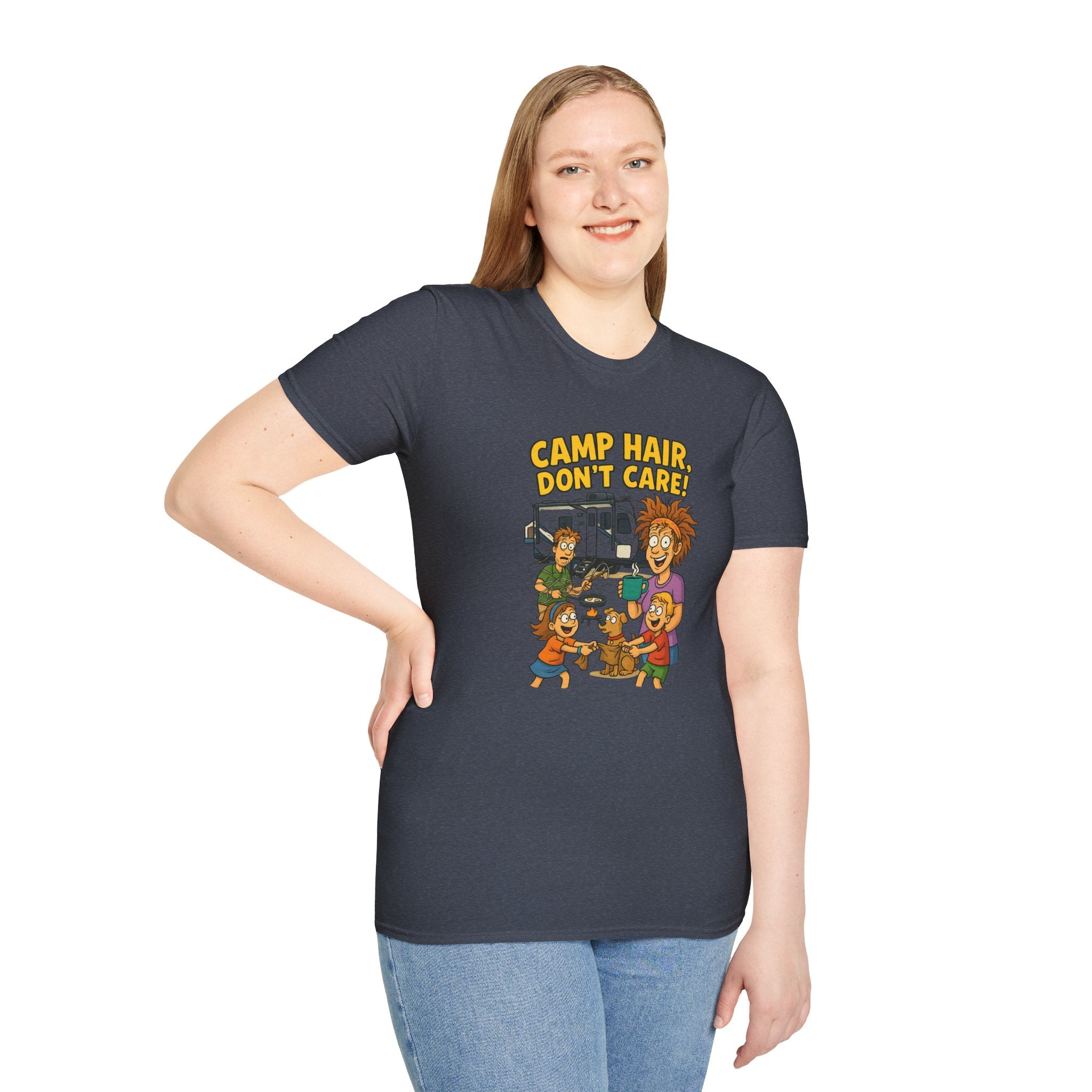Camp Hair Don't Care Unisex Softstyle T-Shirt - Fun Summer Vibes for Campers