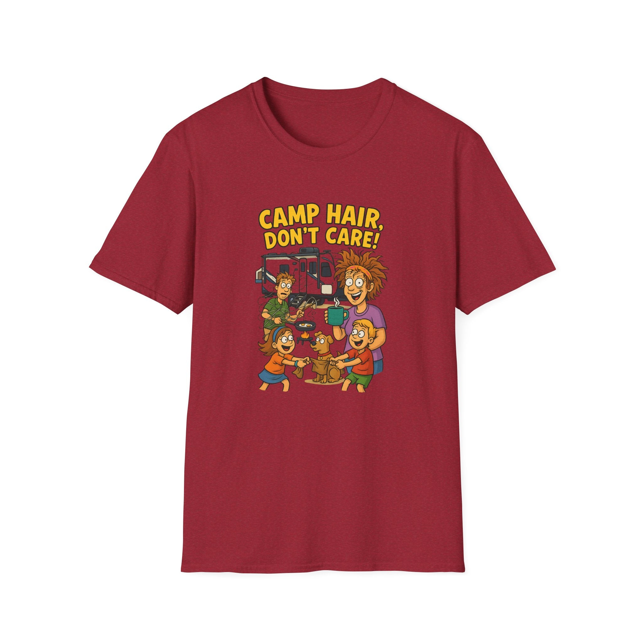 Camp Hair Don't Care Unisex Softstyle T-Shirt - Fun Summer Vibes for Campers