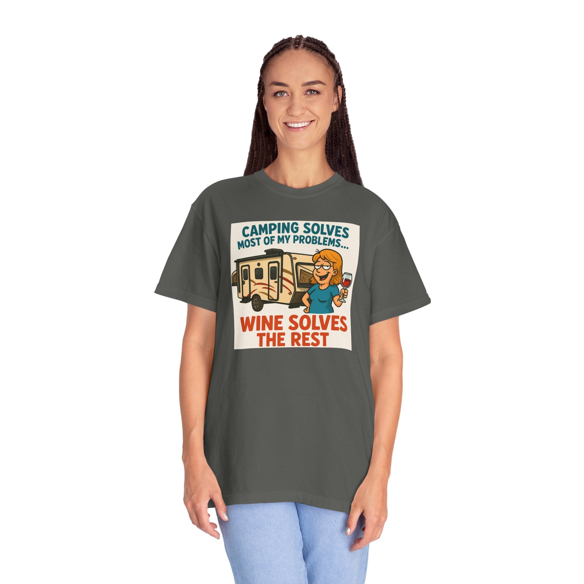 Camping Wine Solves T-shirt - Perfect for Outdoor Lovers, Adventure Seekers, Gift for Campers, Funny Camping Apparel, Relaxing Tee