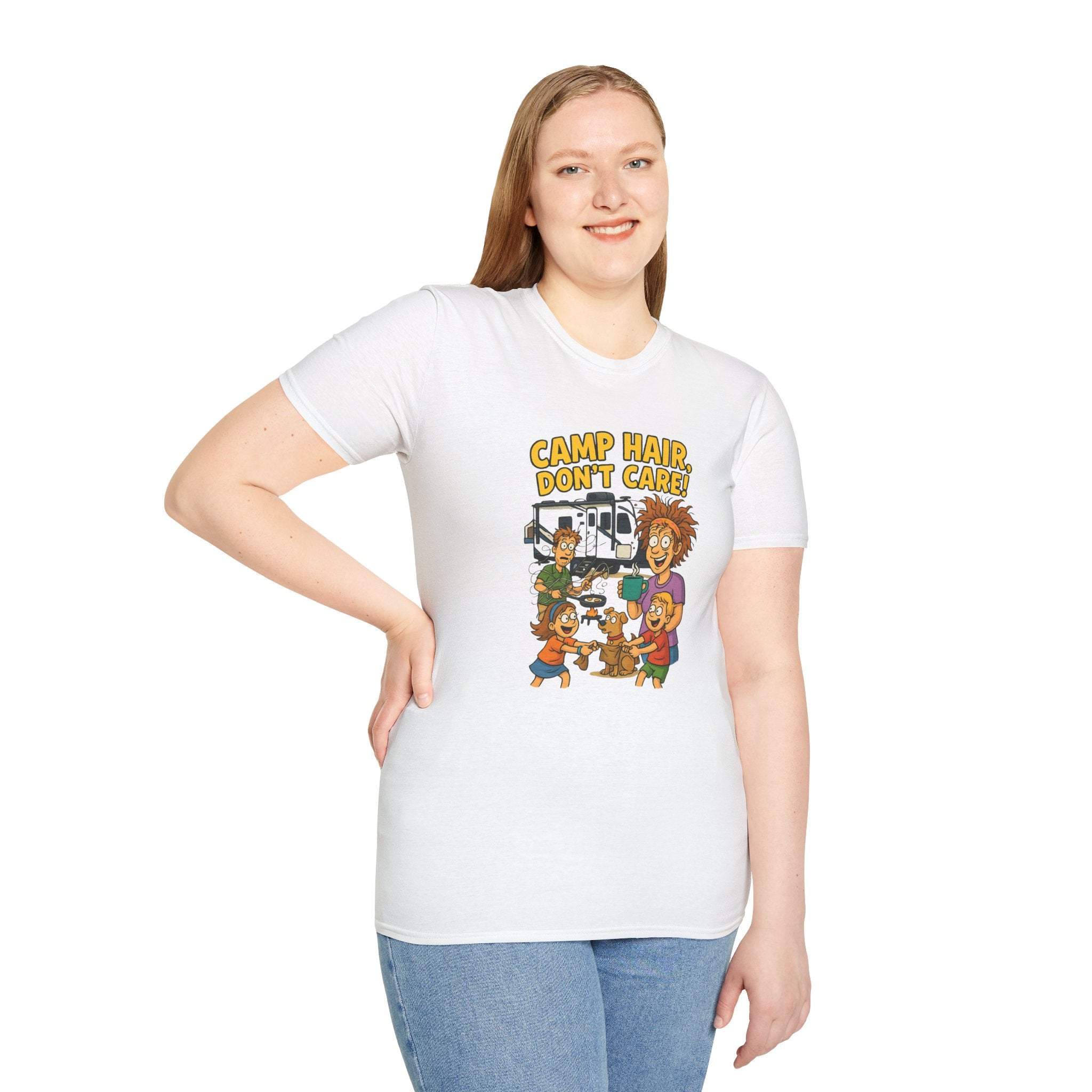 Camp Hair Don't Care Unisex Softstyle T-Shirt - Fun Summer Vibes for Campers