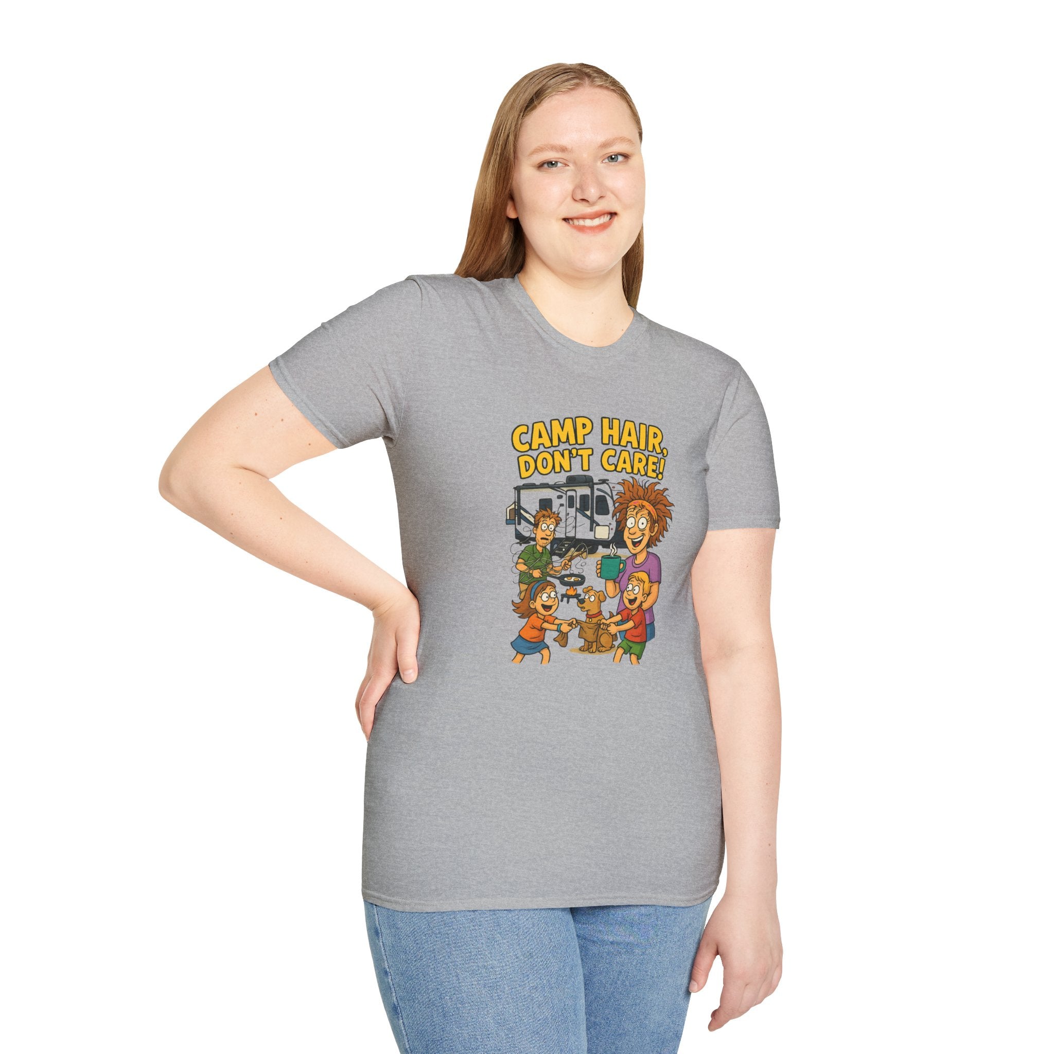 Camp Hair Don't Care Unisex Softstyle T-Shirt - Fun Summer Vibes for Campers