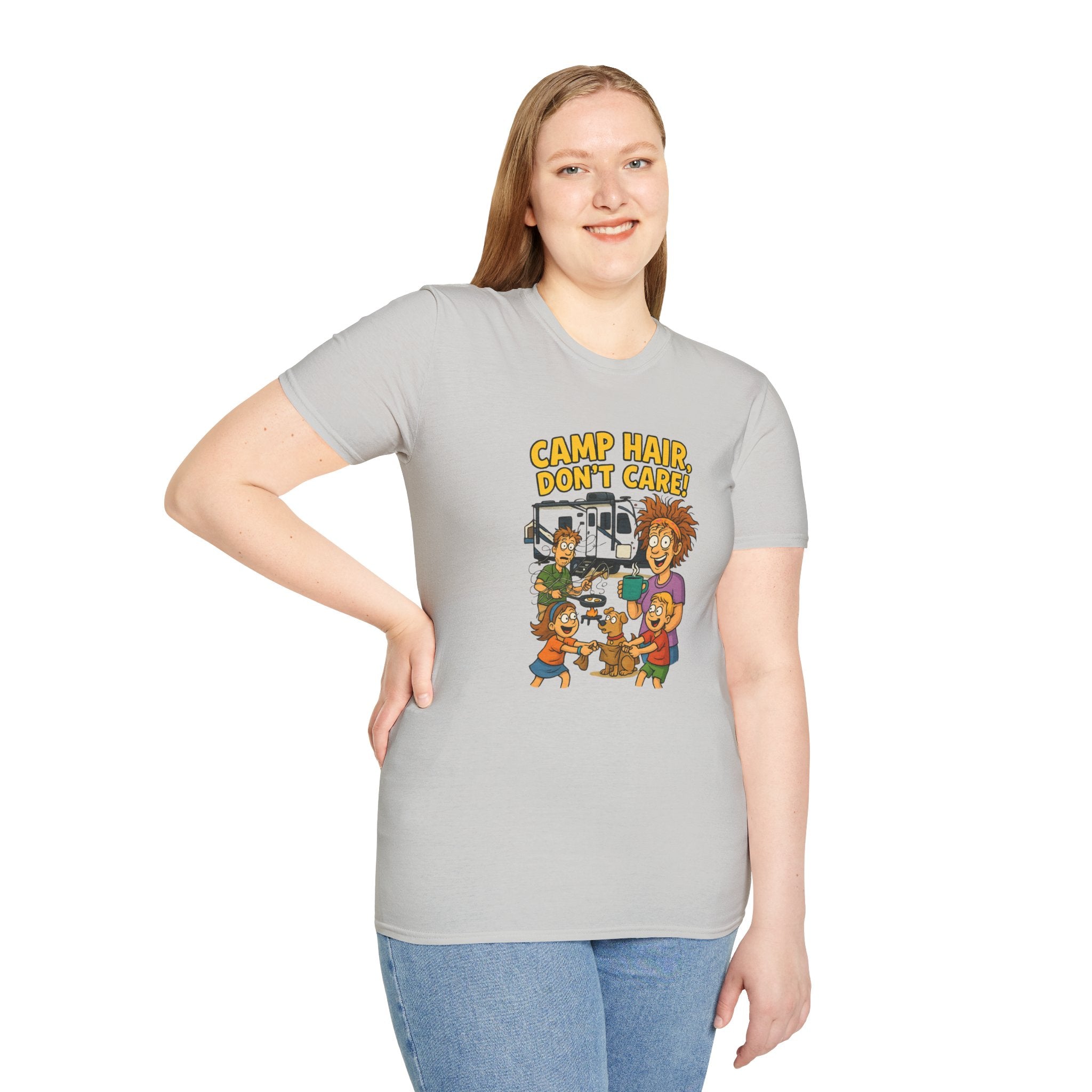 Camp Hair Don't Care Unisex Softstyle T-Shirt - Fun Summer Vibes for Campers