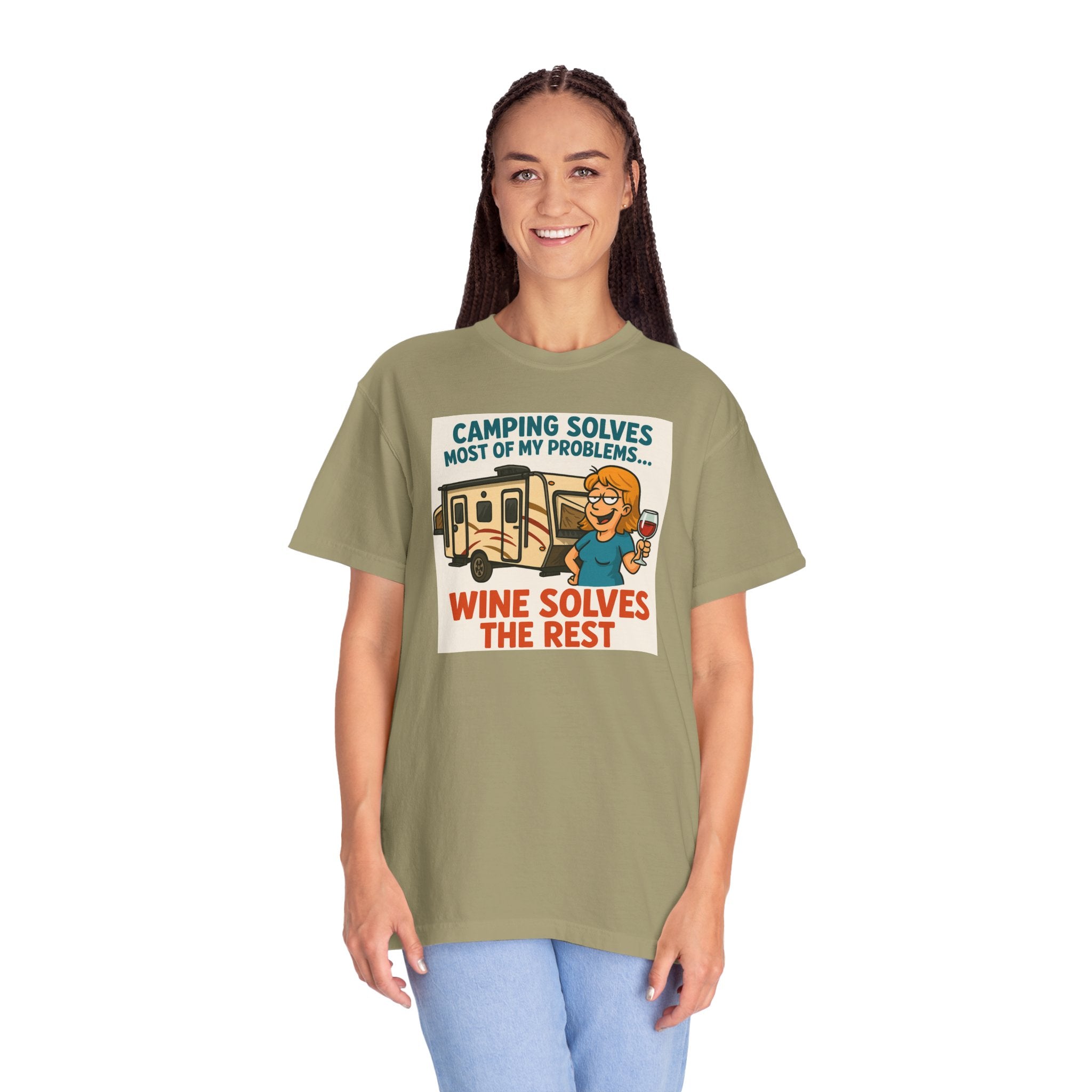 Camping Wine Solves T-shirt - Perfect for Outdoor Lovers, Adventure Seekers, Gift for Campers, Funny Camping Apparel, Relaxing Tee
