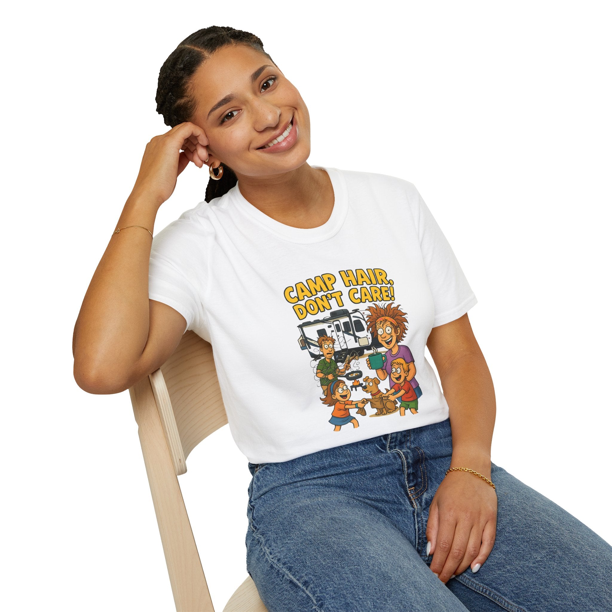 Camp Hair Don't Care Unisex Softstyle T-Shirt - Fun Summer Vibes for Campers