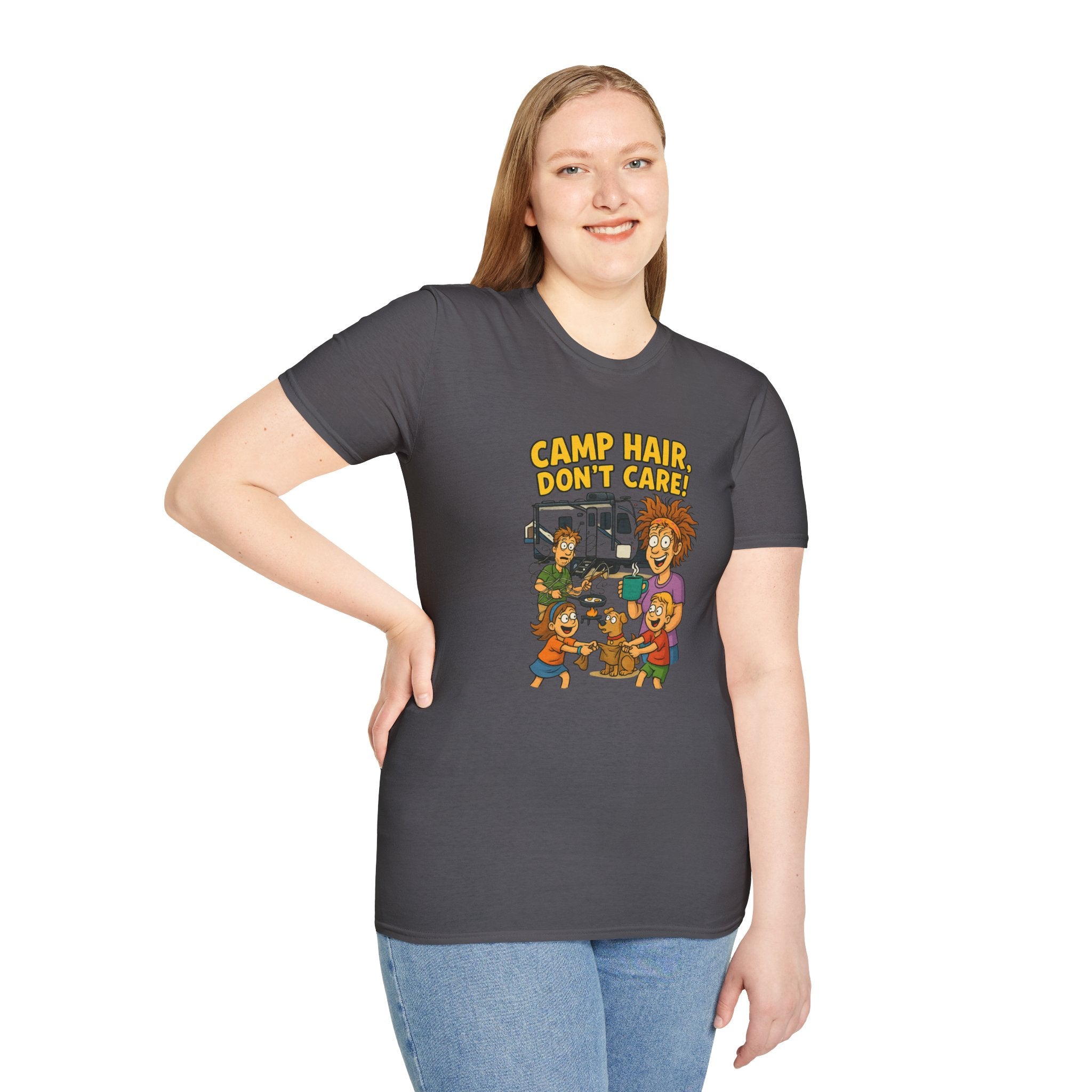 Camp Hair Don't Care Unisex Softstyle T-Shirt - Fun Summer Vibes for Campers