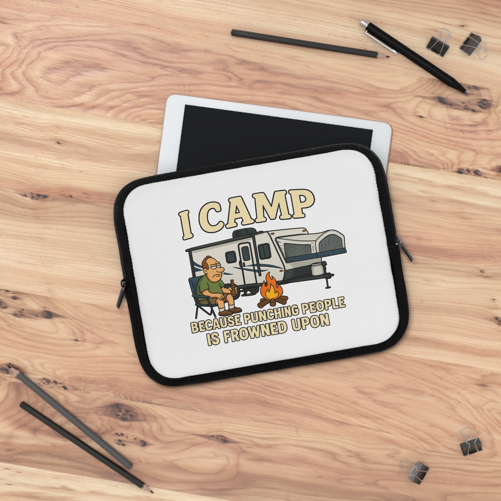 Funny Camping Laptop Sleeve - "I Camp Because Punching People is Frowned Upon"