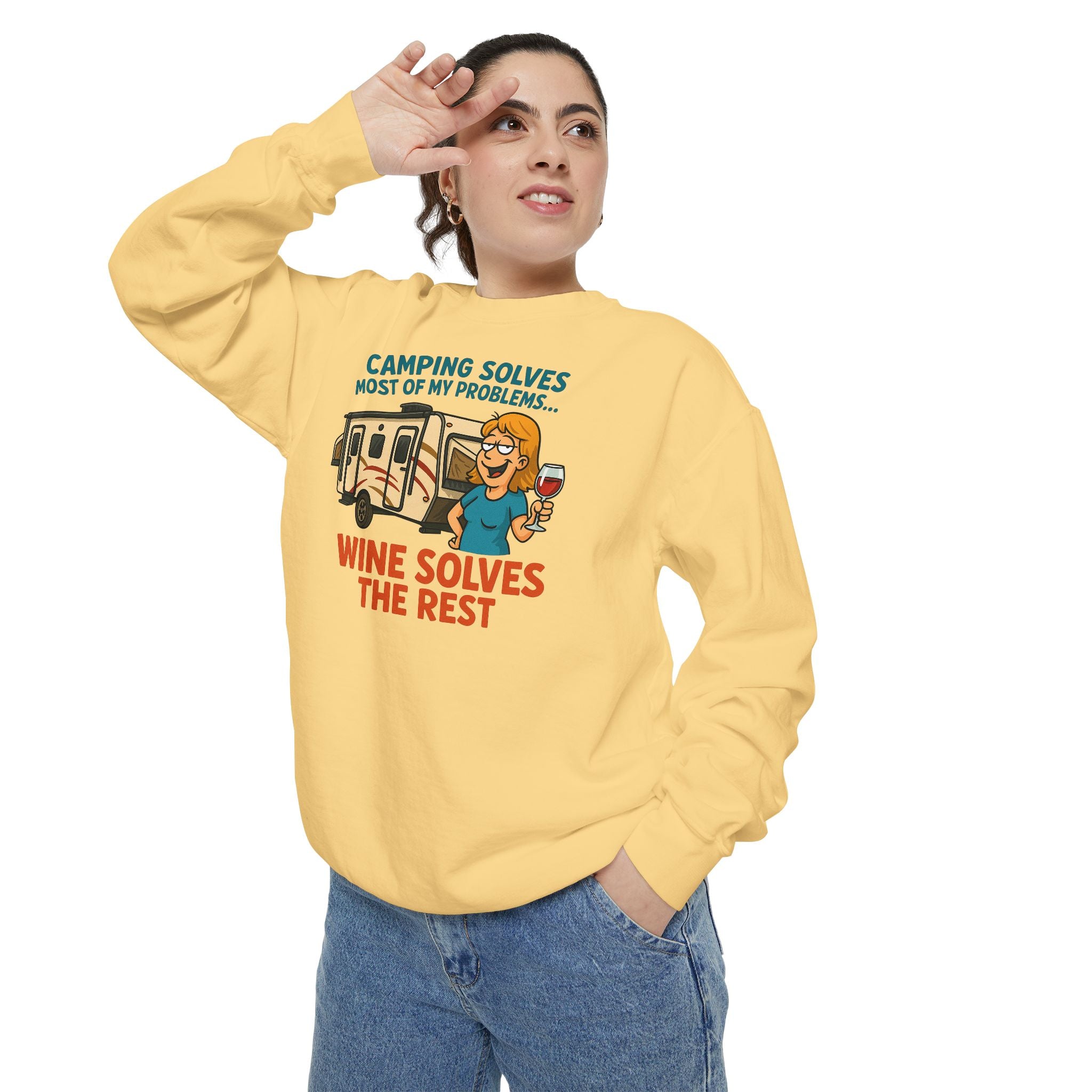 Camping Wine Sweatshirt | Unisex Garment-Dyed Pullover | Cozy Gift for Campers | Outdoor Adventures Apparel | Relaxed Fit Top