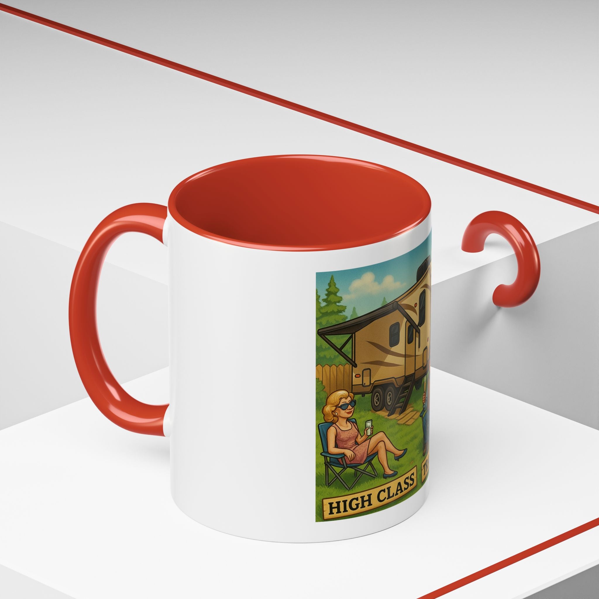 High Class Trailer Trash Coffee Mug - Fun Campfire Ceramic Tea Cup