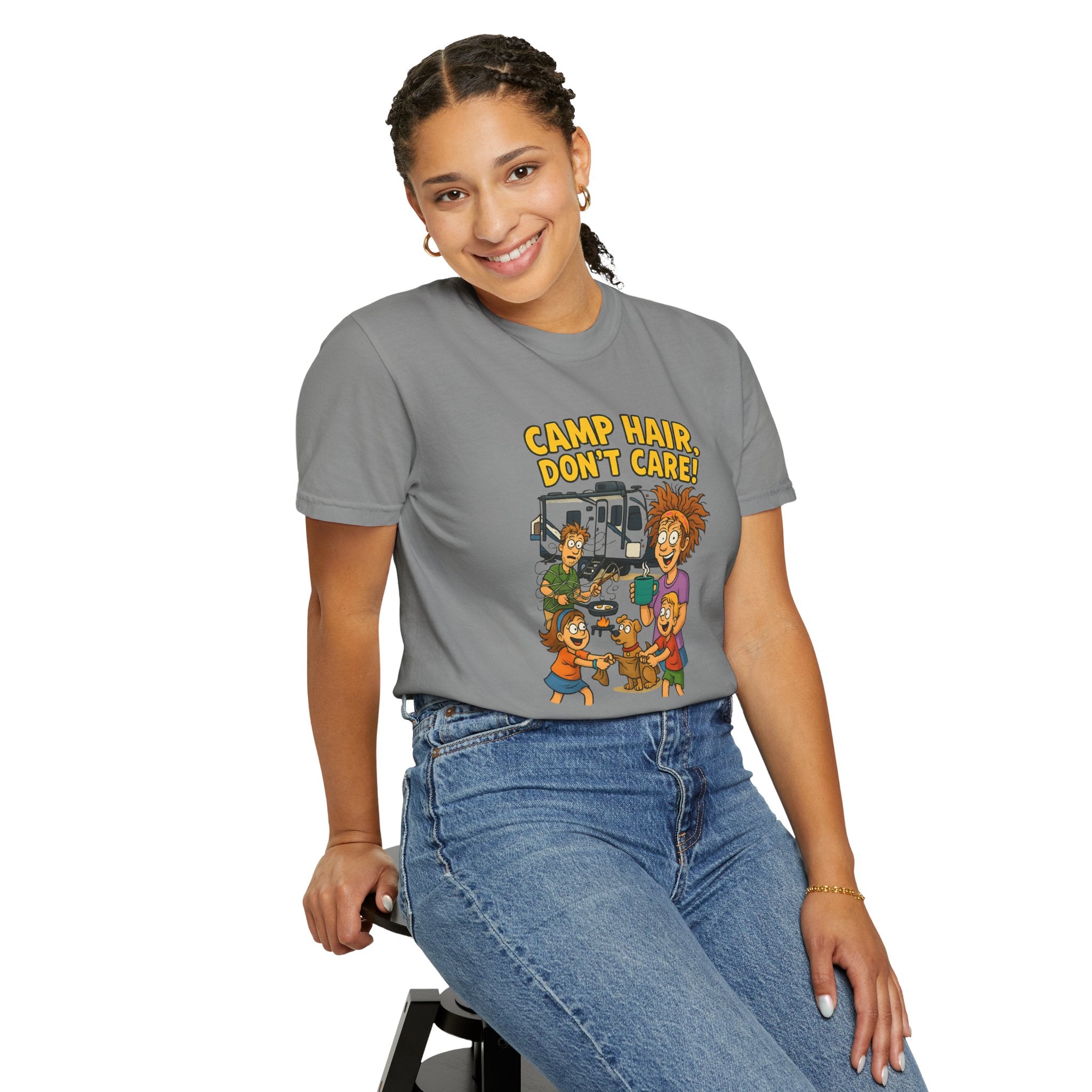 Camp Hair Don't Care T-Shirt, Unisex Garment-Dyed Tee, Camping Apparel, Funny Summer Shirt, Outdoor Lovers Gift, Vacation Essential