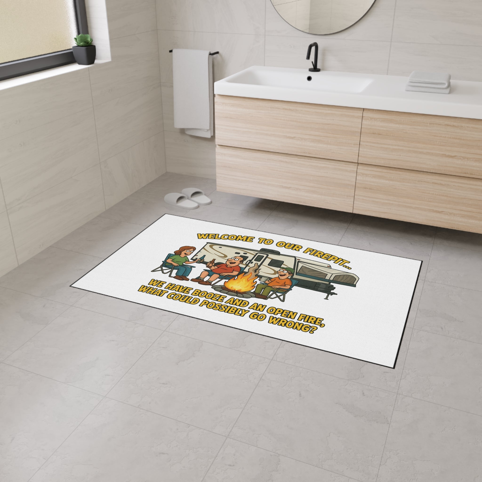 Camping Humor Floor Mat, Welcome to Our Firepit Mat, Outdoor Rug, Camping Decor, Funny Doormat, RV Accessories