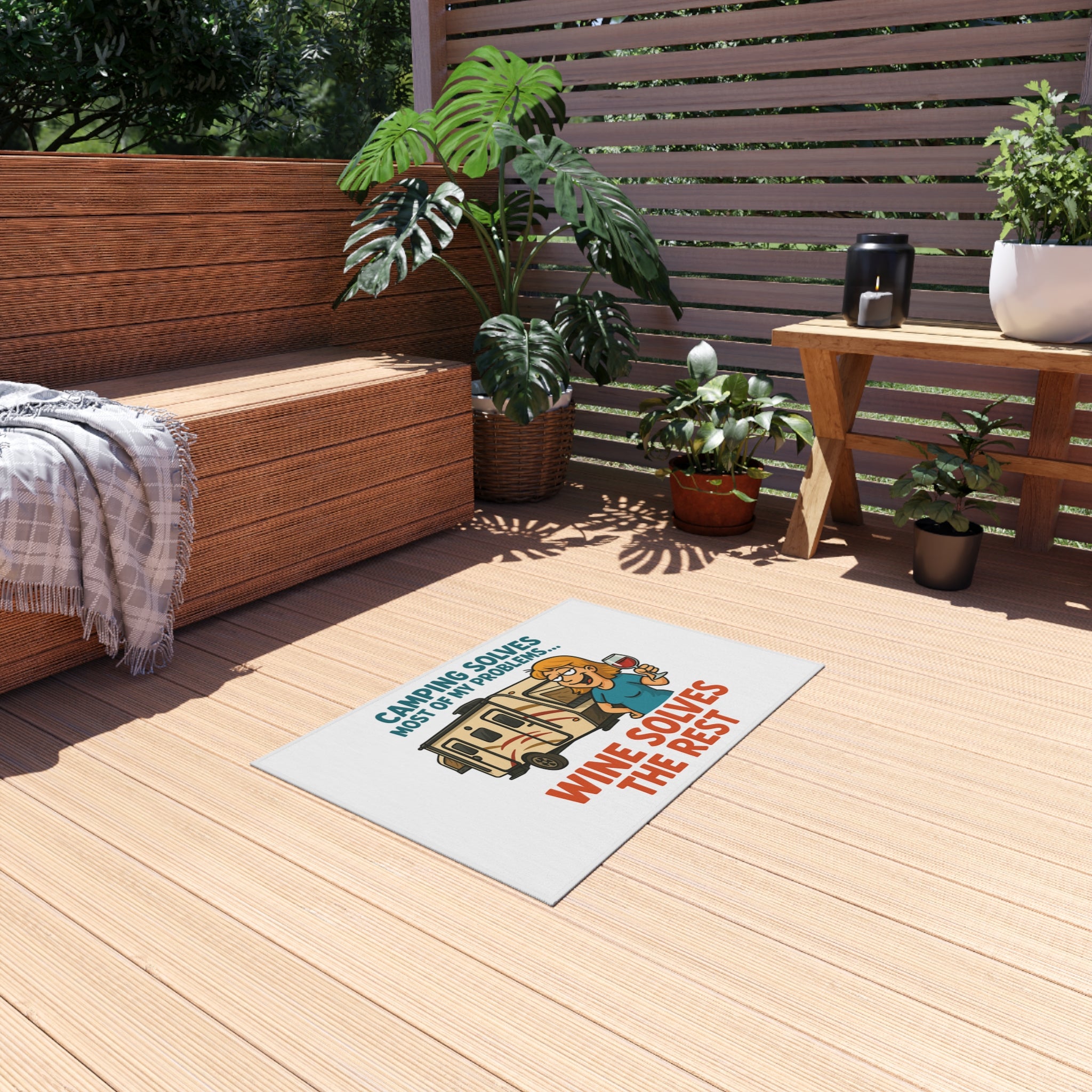 Camping Outdoor Rug - Wine Solves the Rest, Patio Decor, RV Accessories, Outdoor Living, Camping Gear